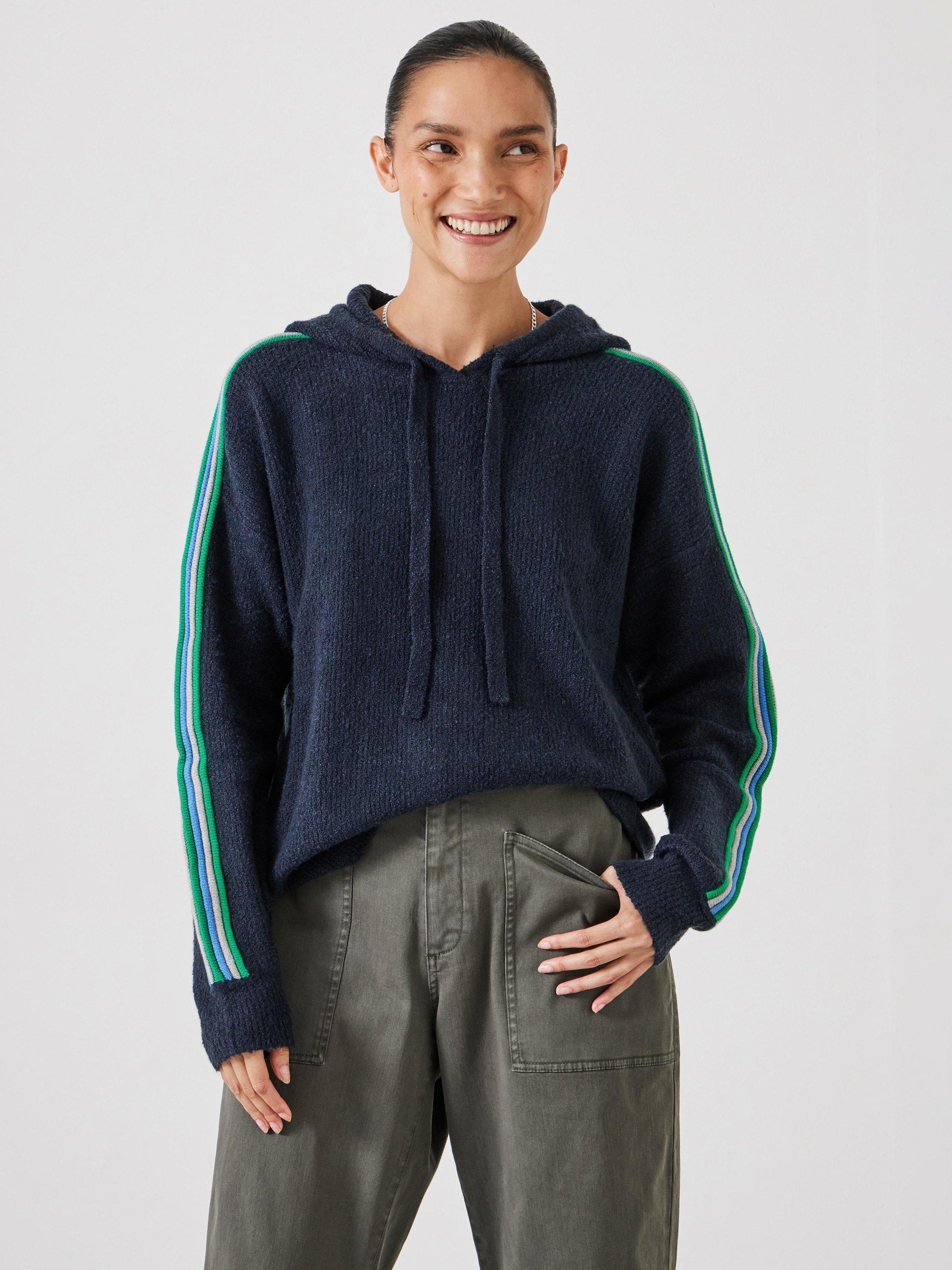 Product image 1 of 5, which shows HUSH Olivia Stripe Sleeve Knit Hoodie, Navy/Multi, L-XL