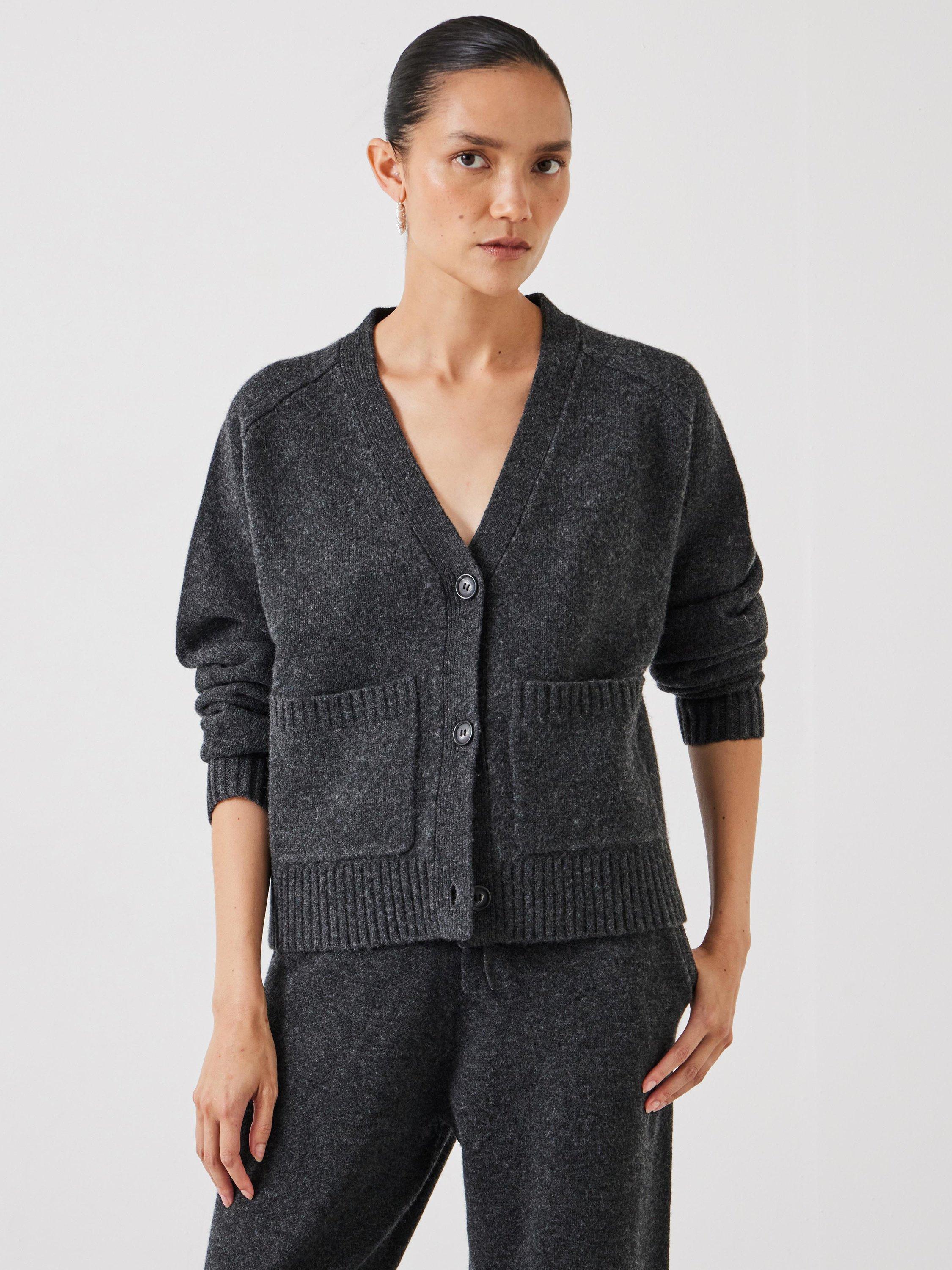 Product image 1 of 5, which shows HUSH Daisy Pure Merino Wool Cardigan, Charcoal Grey Marl, S-M
