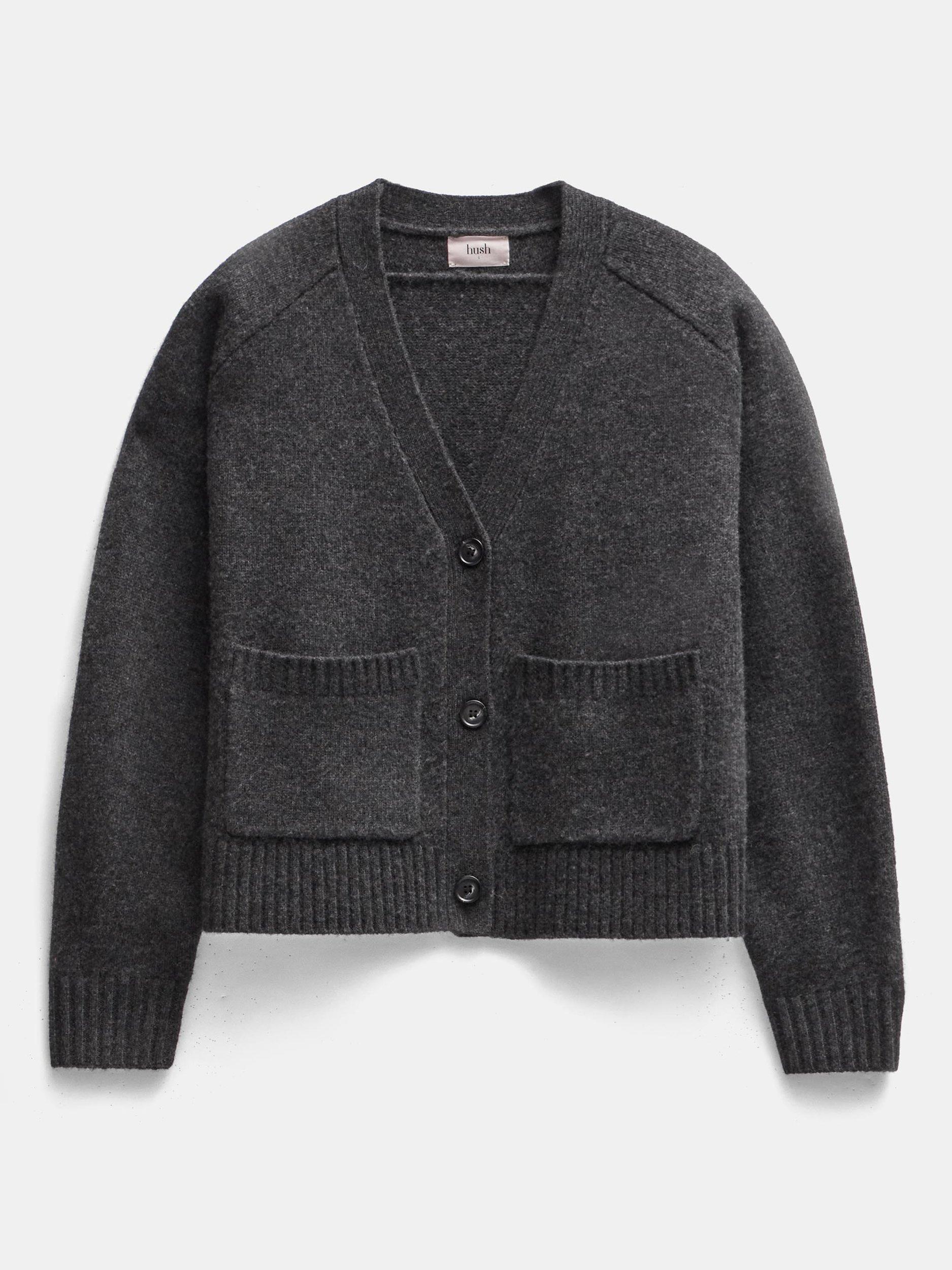 Product image 4 of 5, which shows HUSH Daisy Pure Merino Wool Cardigan, Charcoal Grey Marl, S-M