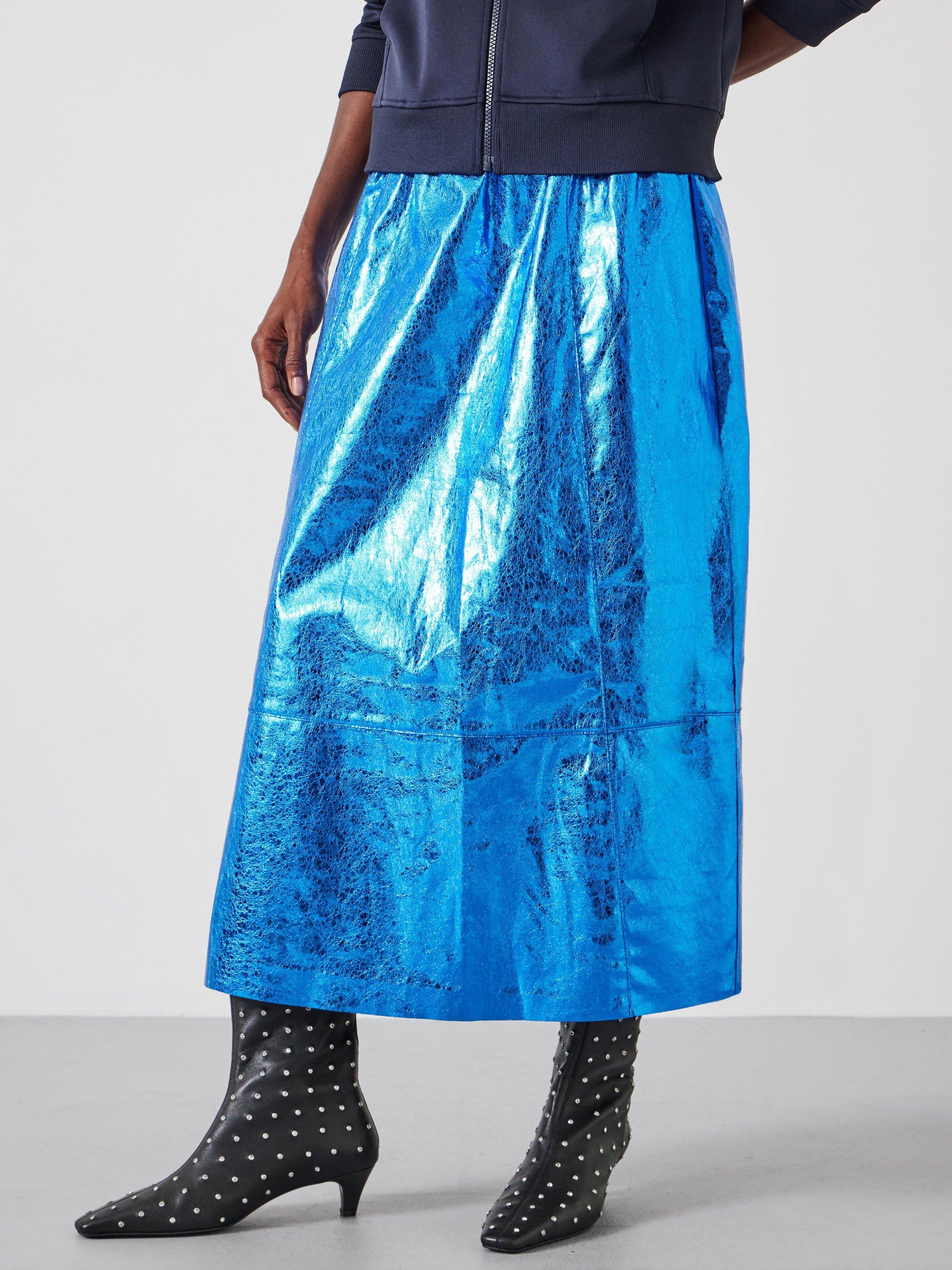 Product image 3 of 6, which shows HUSH Crackled Patent Skirt, Blue, 10