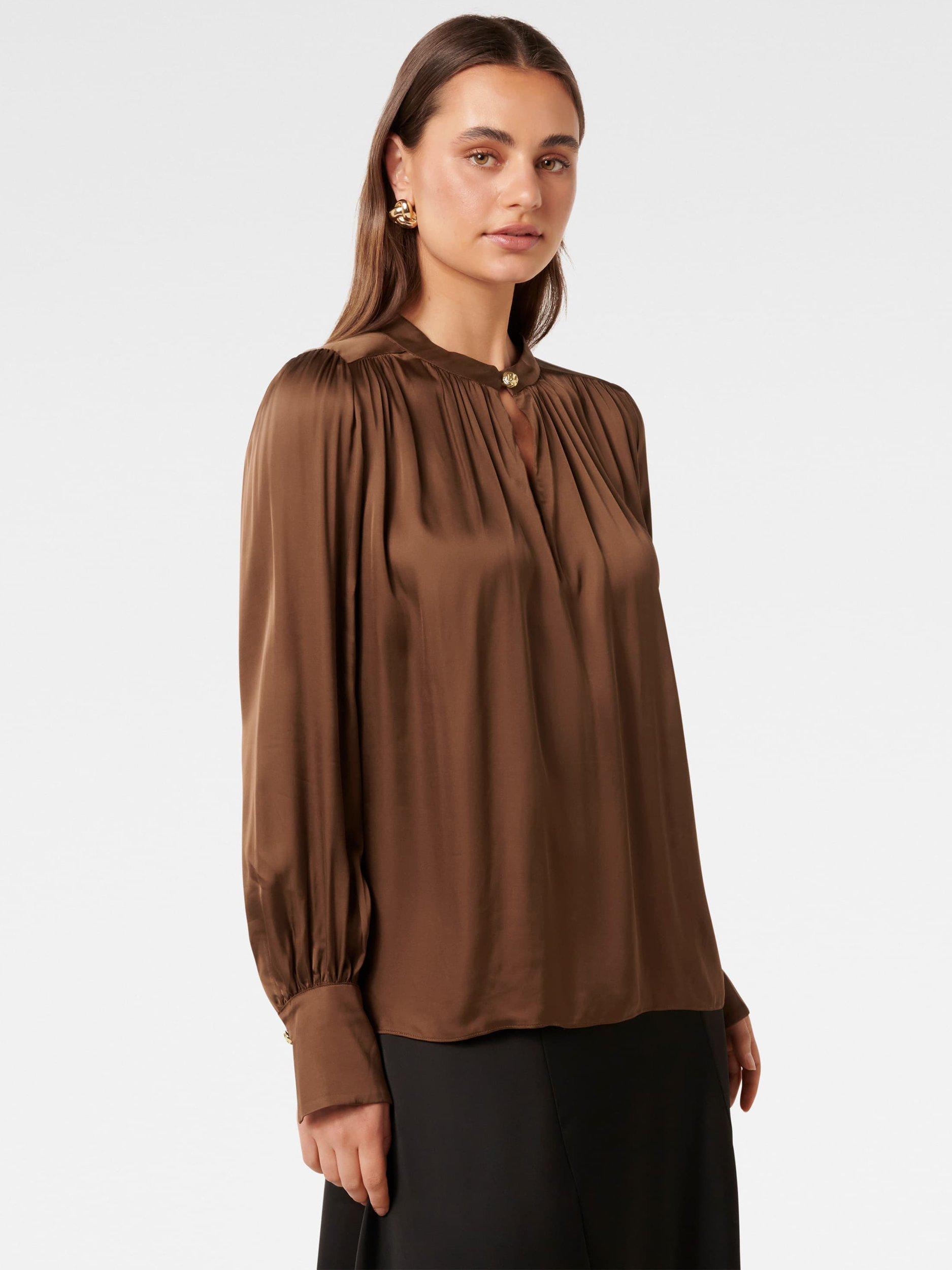 Product image 3 of 5, which shows Forever New Kai Gathered Pleat Top, Brown, 4