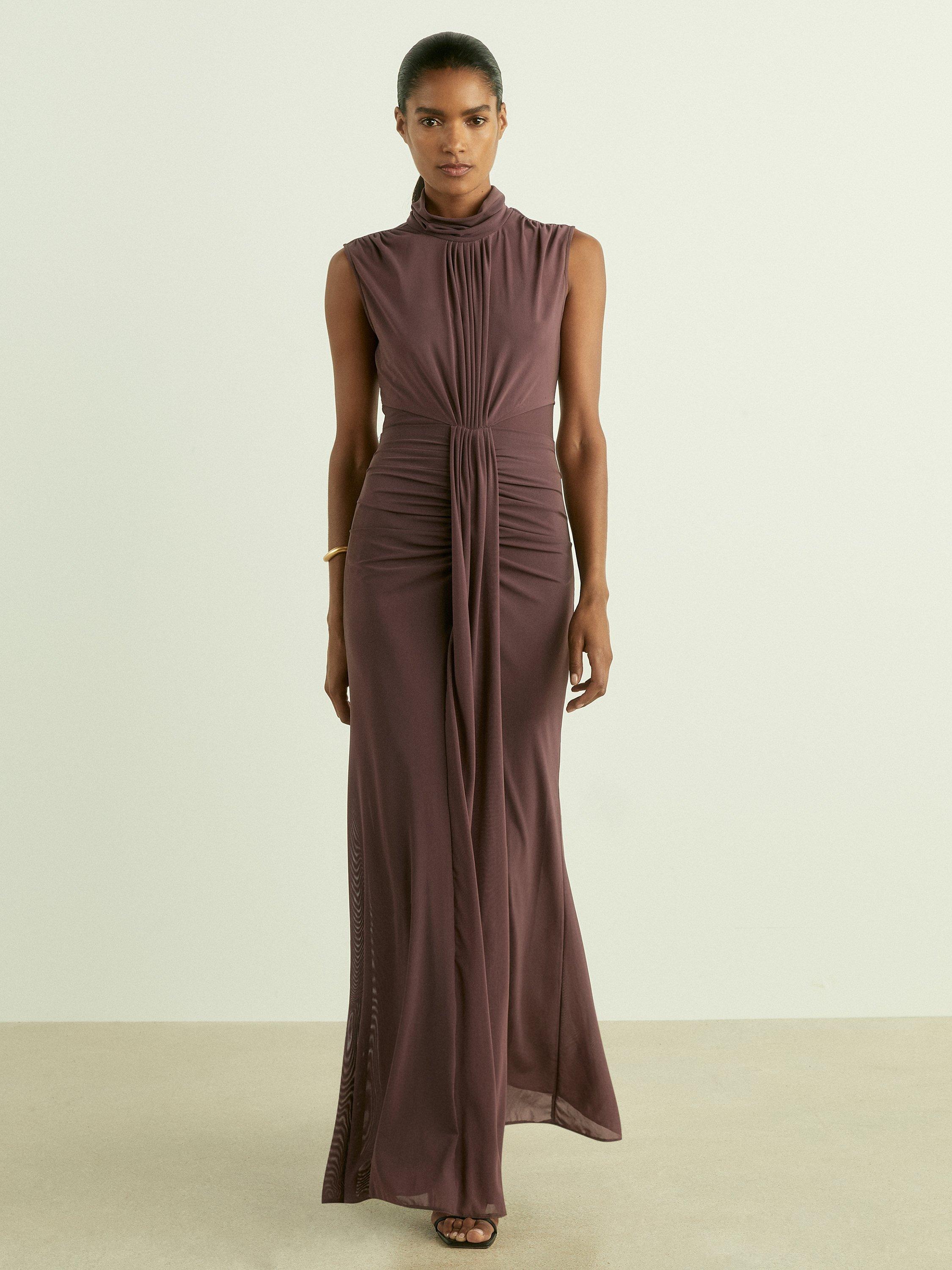 Product image 4 of 5, which shows Reiss Daniella Sleeveless Ruched Maxi Dress, Taupe, 6