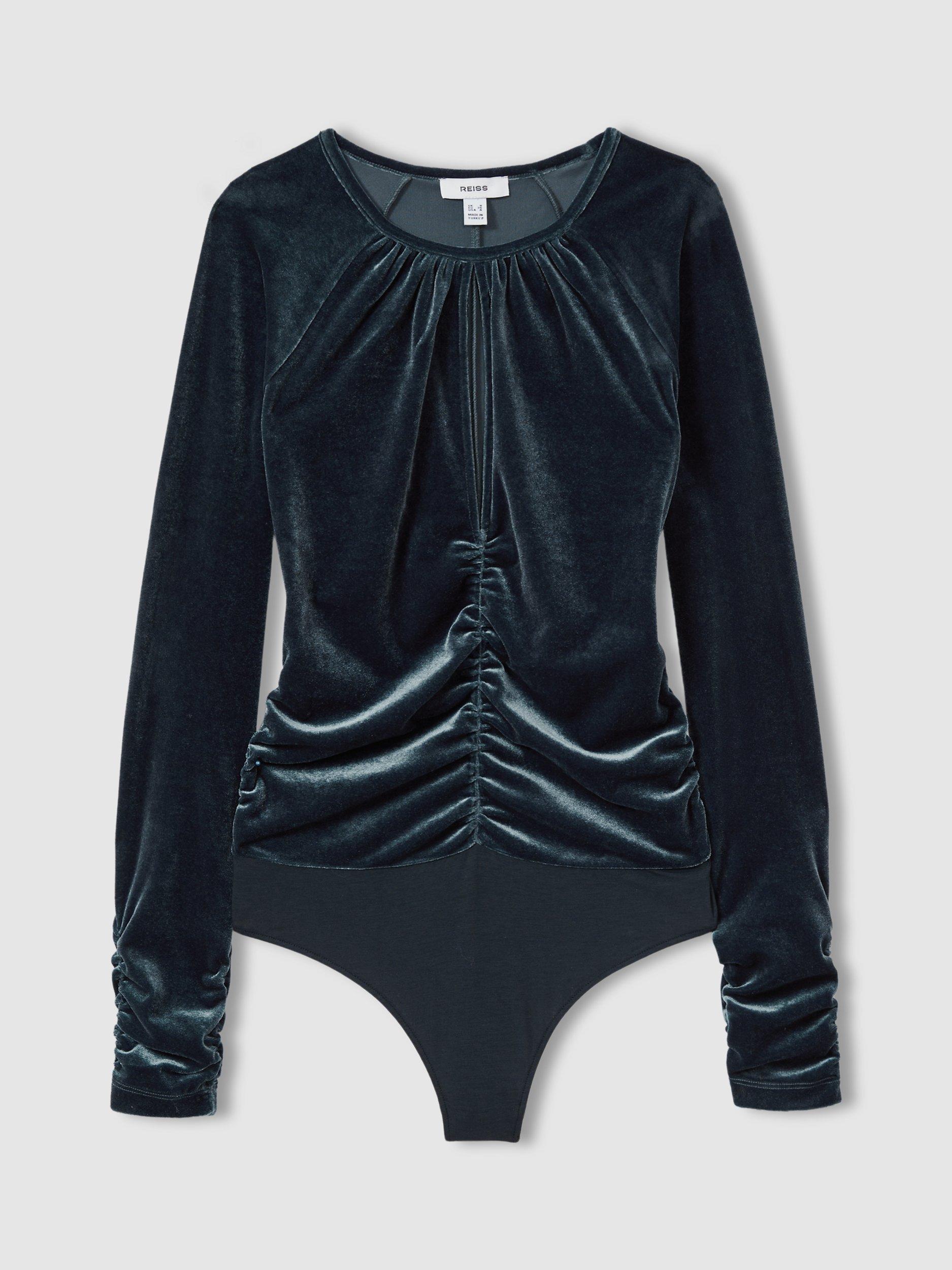 Product image 3 of 5, which shows Reiss Etta Velvet Ruched Bodysuit, Slate Blue, 12