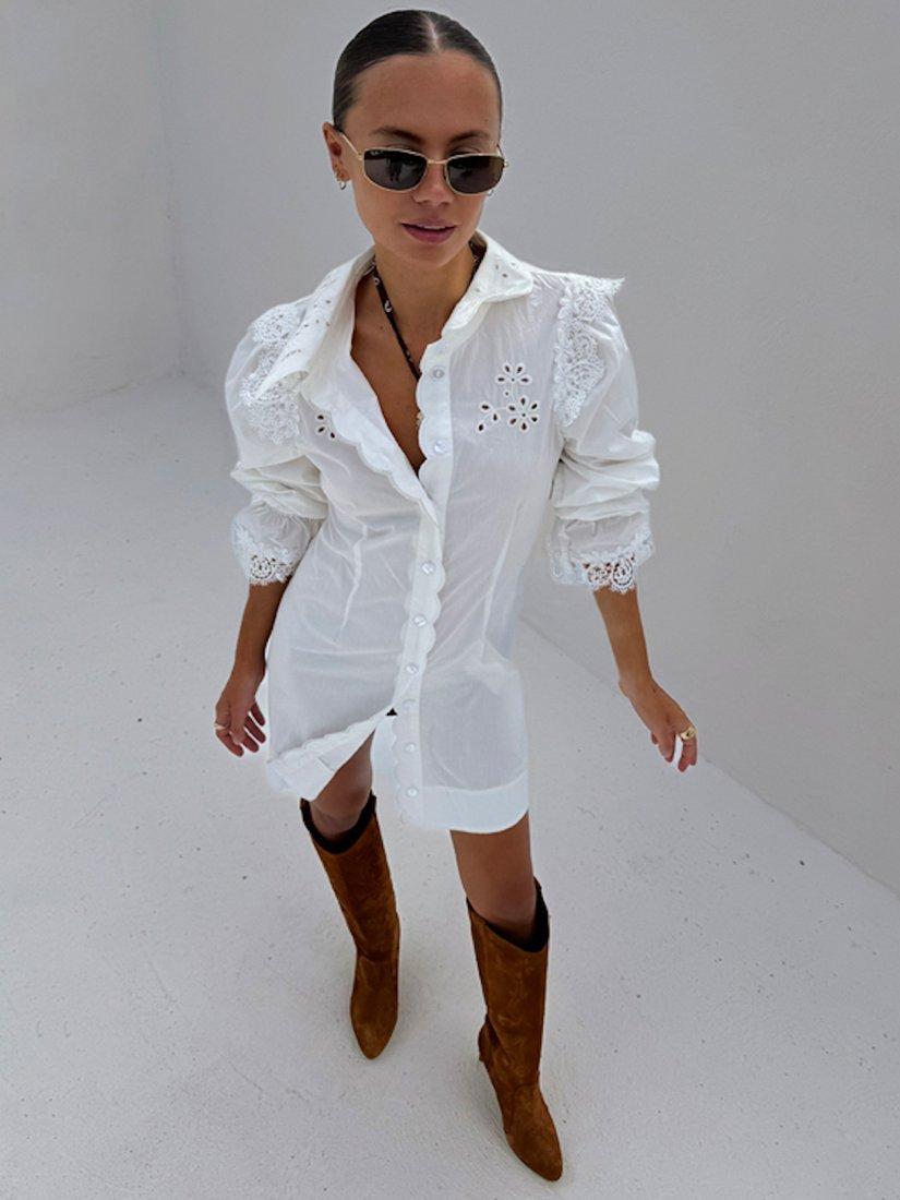 Product image 5 of 6, which shows Never Fully Dressed Sicily Broderie Cotton Shirt Dress, White, 6