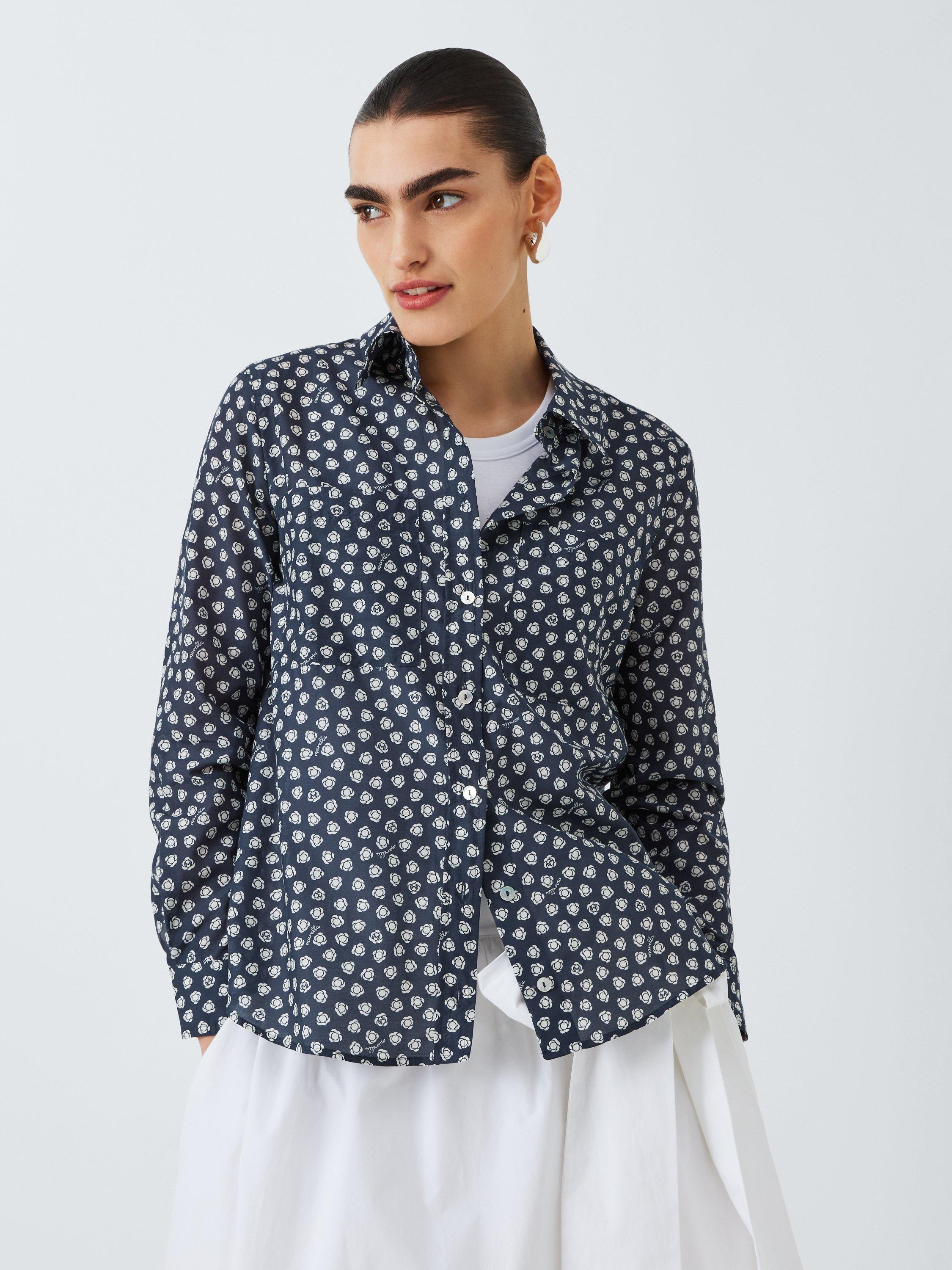 Marella Leida Floral Print Cotton Silk Muslin Shirt, Navy/White