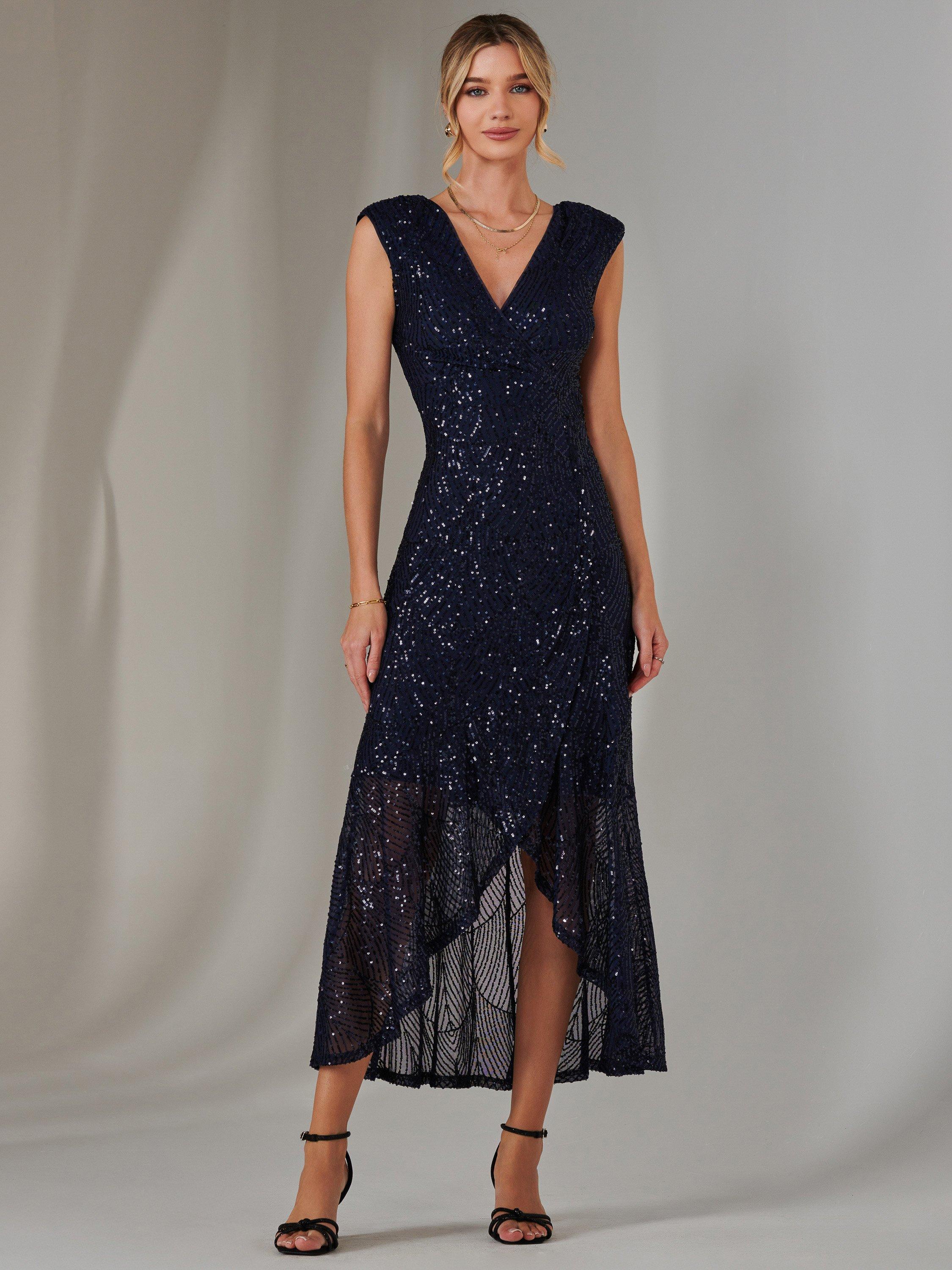Product image 1 of 7, which shows Jolie Moi Sequin Ruffle Hem Dress, Navy, 8