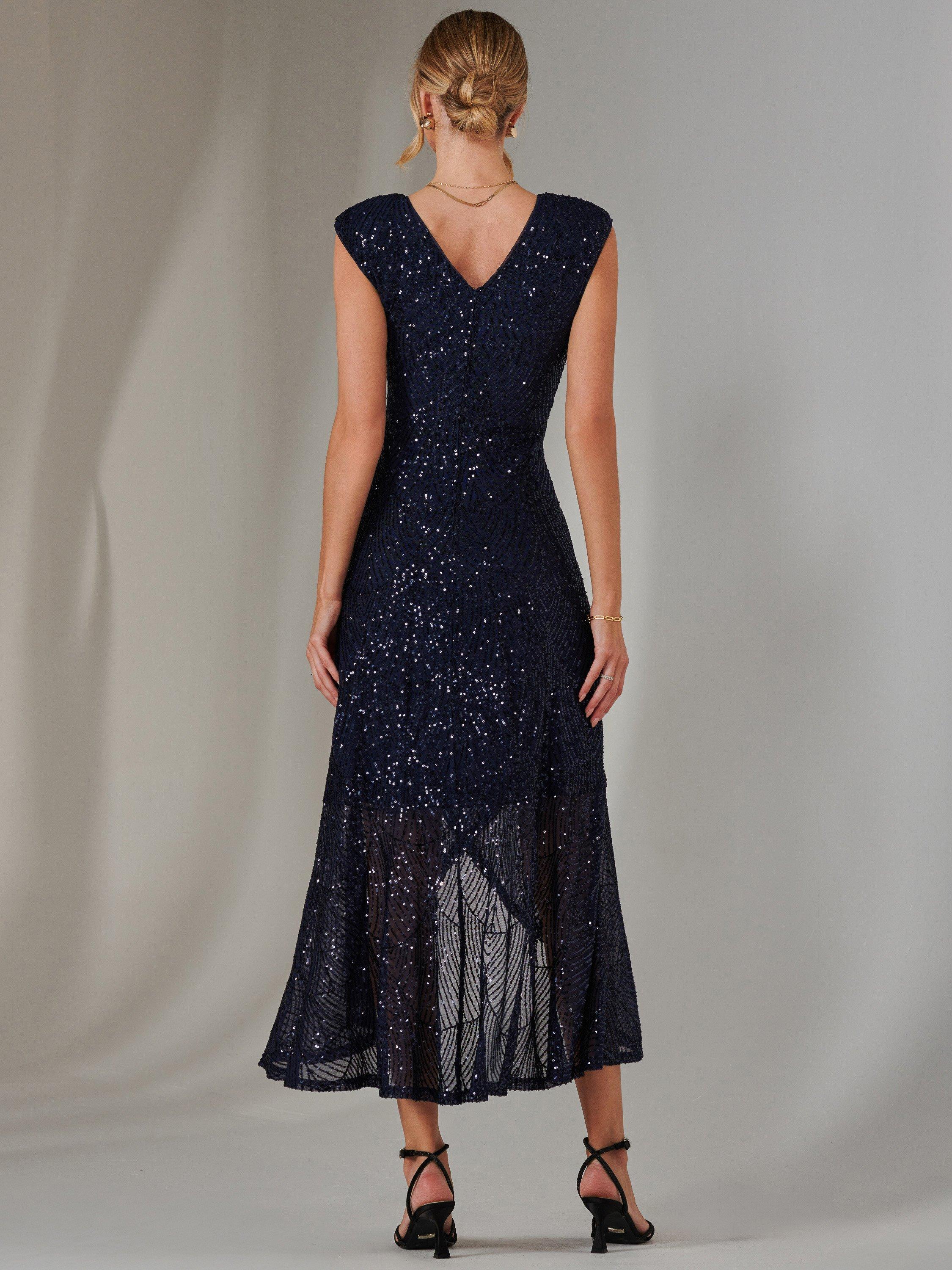 Product image 2 of 7, which shows Jolie Moi Sequin Ruffle Hem Dress, Navy, 8