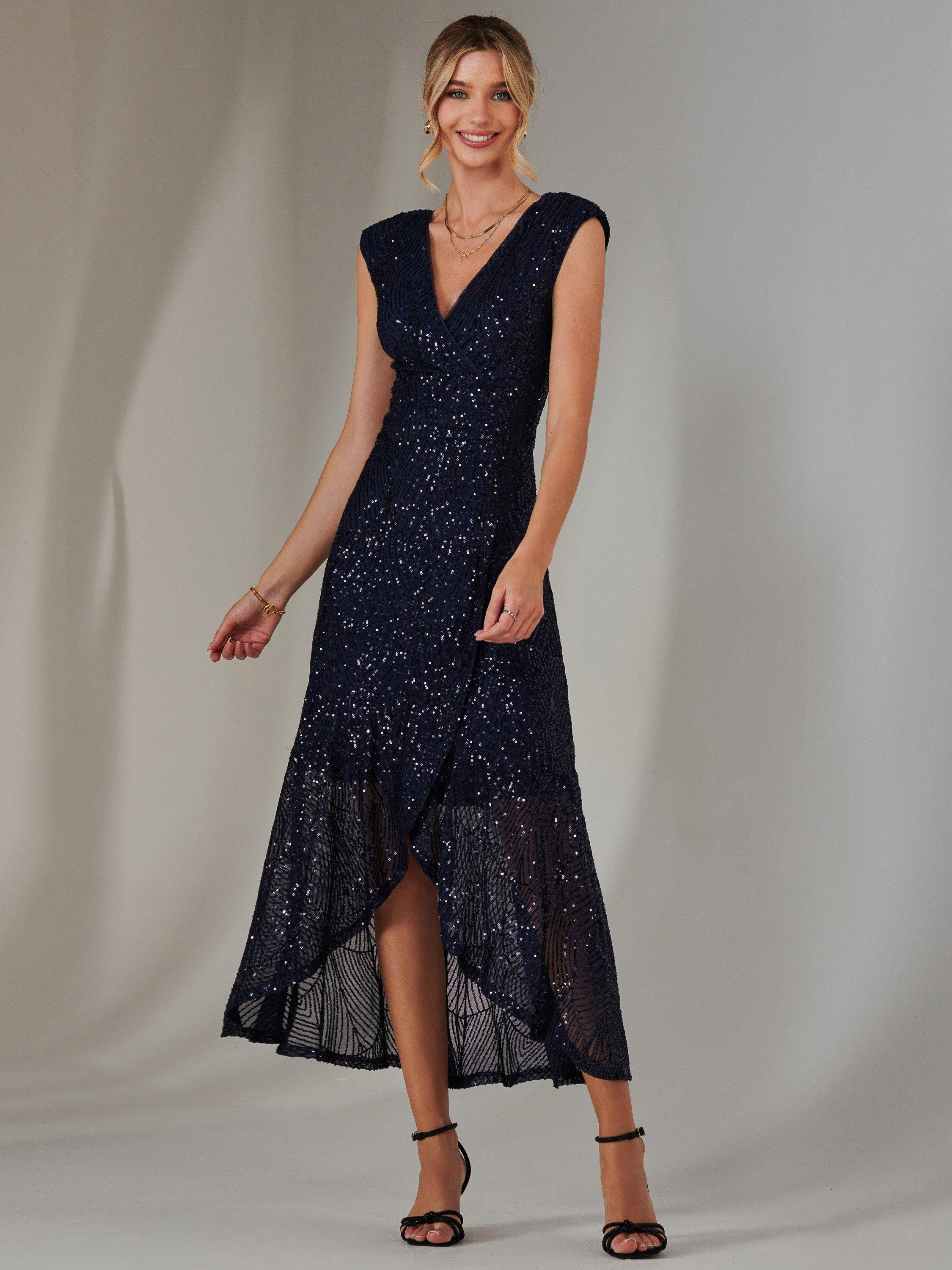 Product image 3 of 7, which shows Jolie Moi Sequin Ruffle Hem Dress, Navy, 8
