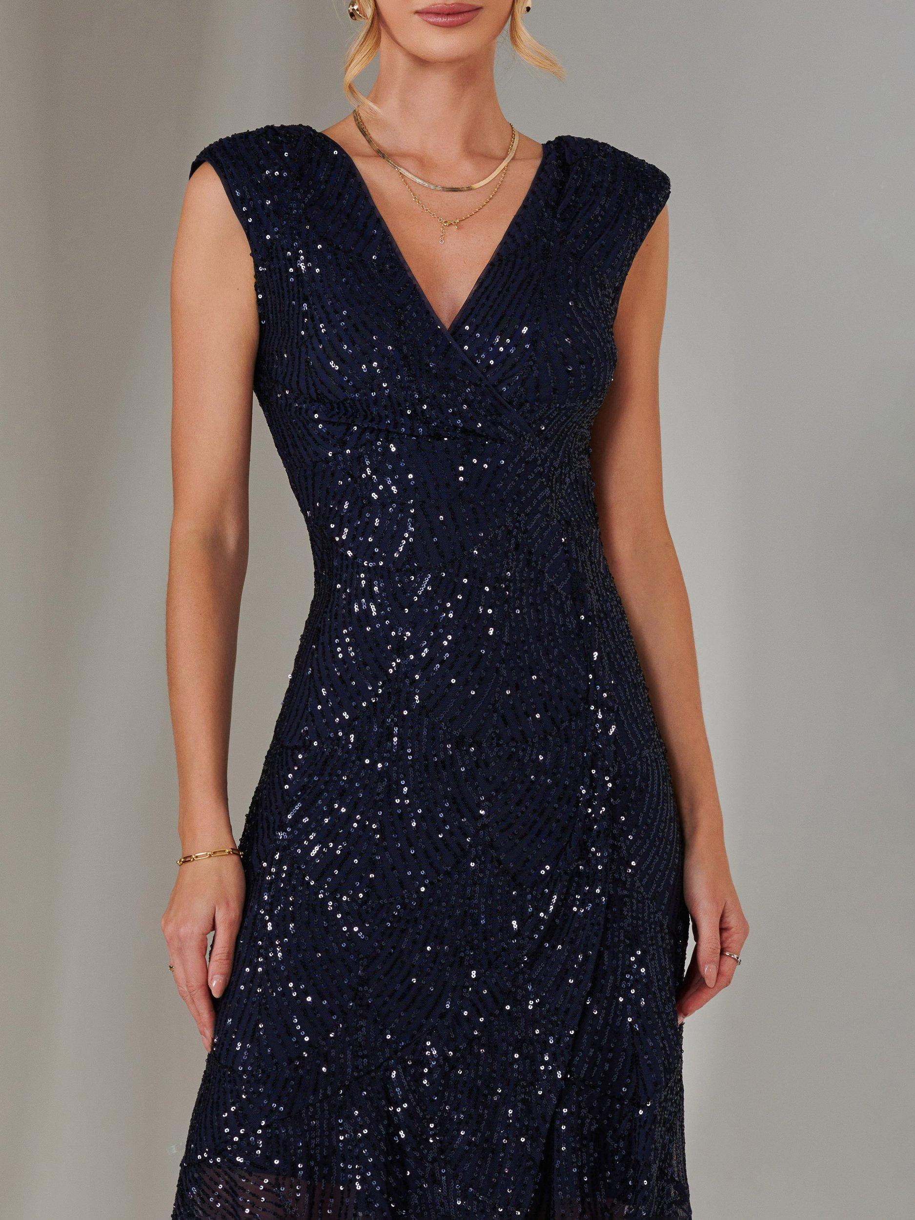 Product image 4 of 7, which shows Jolie Moi Sequin Ruffle Hem Dress, Navy, 8