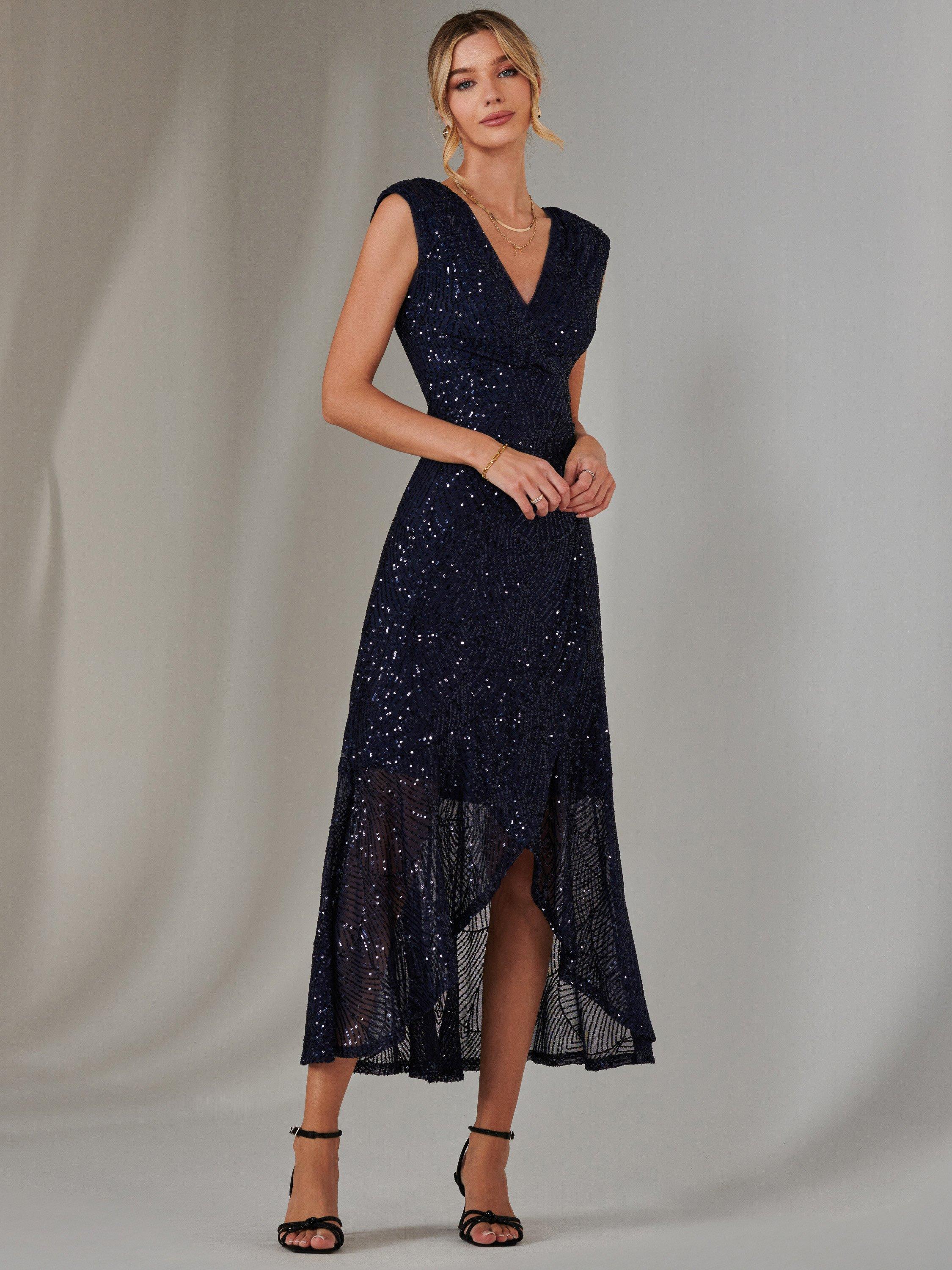 Product image 5 of 7, which shows Jolie Moi Sequin Ruffle Hem Dress, Navy, 8