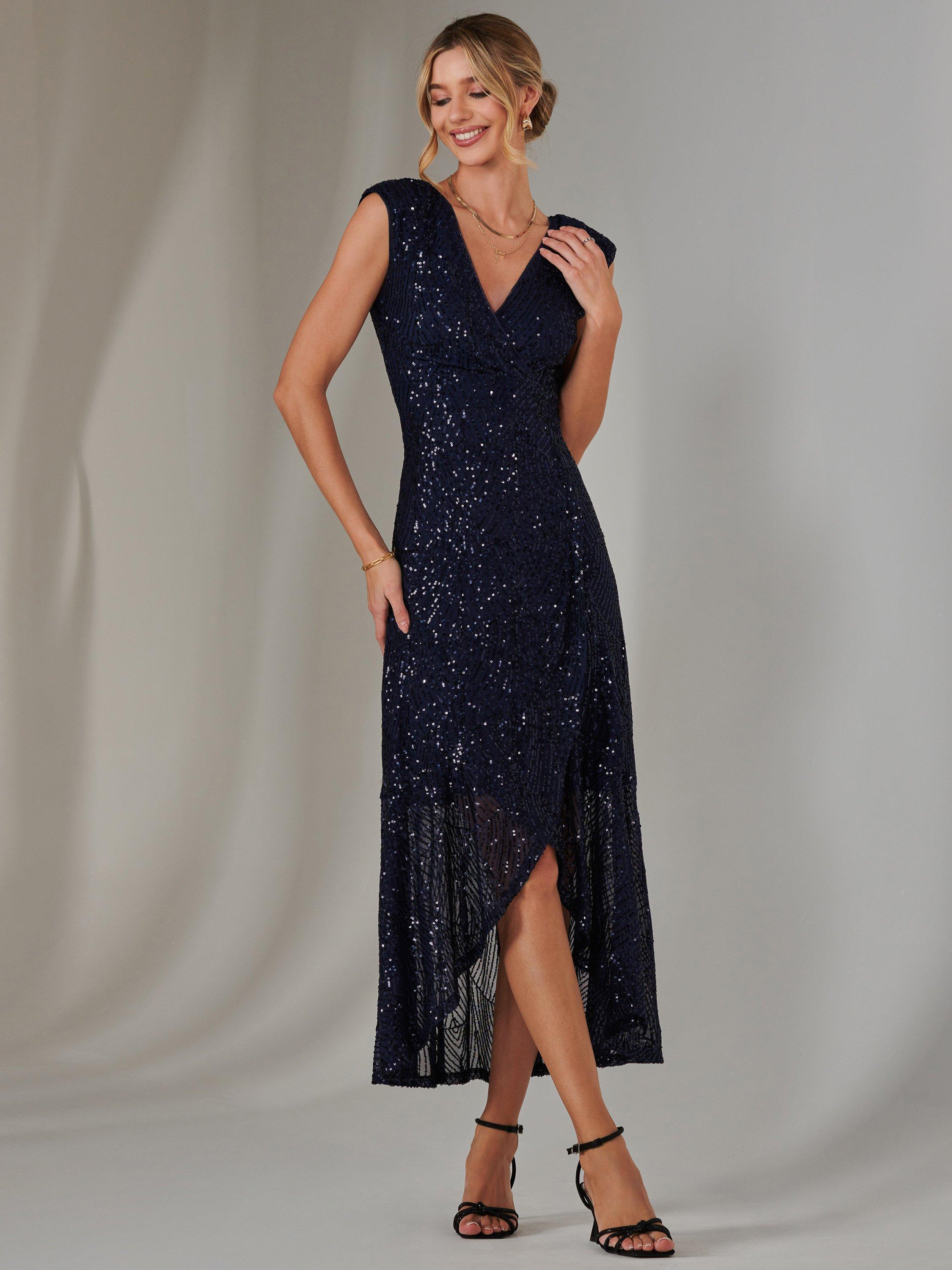 Product image 6 of 7, which shows Jolie Moi Sequin Ruffle Hem Dress, Navy, 8