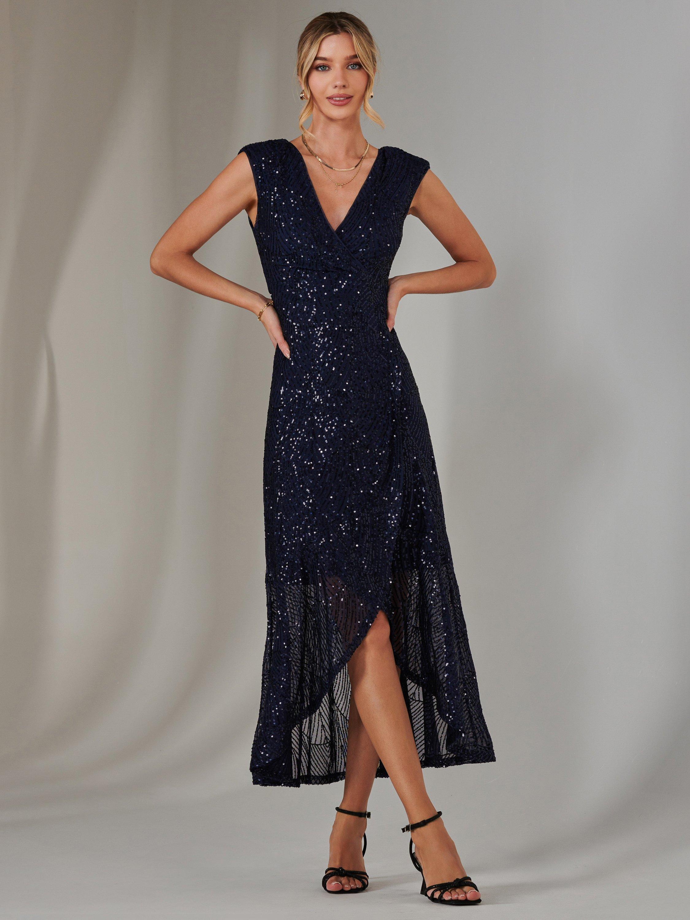 Product image 7 of 7, which shows Jolie Moi Sequin Ruffle Hem Dress, Navy, 8