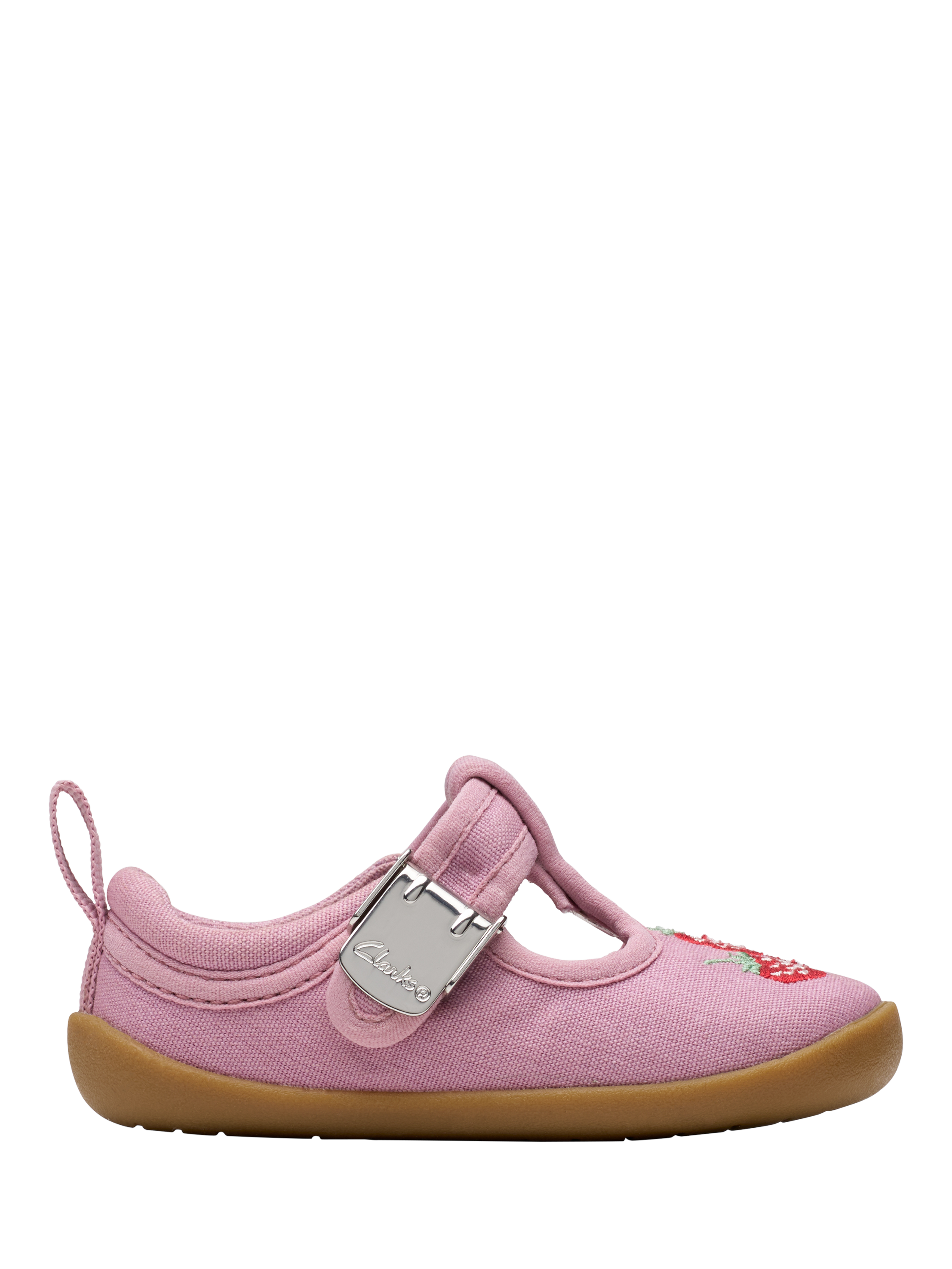 Product image 1 of 7, which shows Clarks Baby Roamer Grow T-Bar Pre Walker Shoes, Pink Canvas, C2F