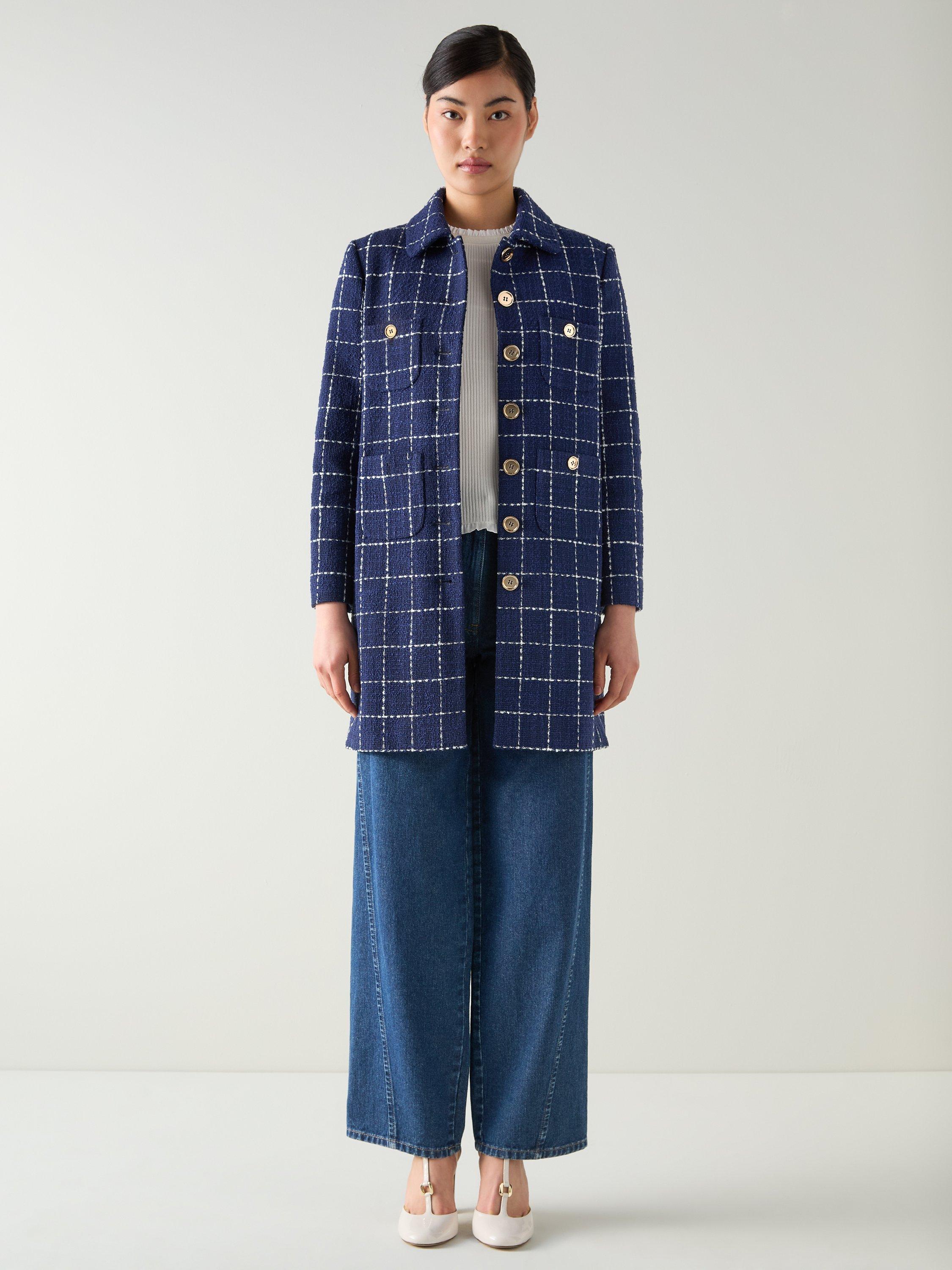 Product image 1 of 5, which shows L.K.Bennett Vita Check Tweed Coat, Navy/Cream, 6