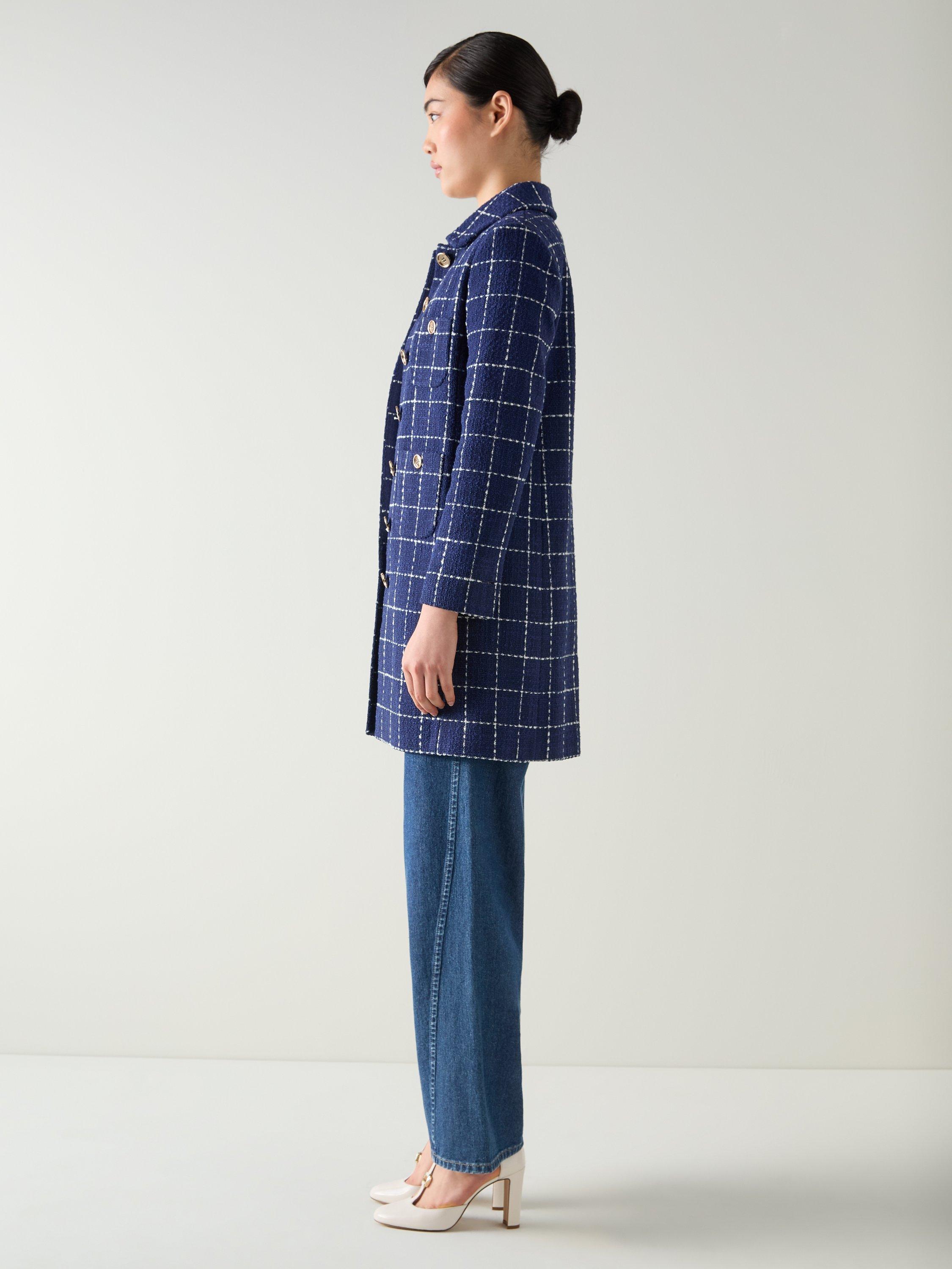 Product image 2 of 5, which shows L.K.Bennett Vita Check Tweed Coat, Navy/Cream, 6