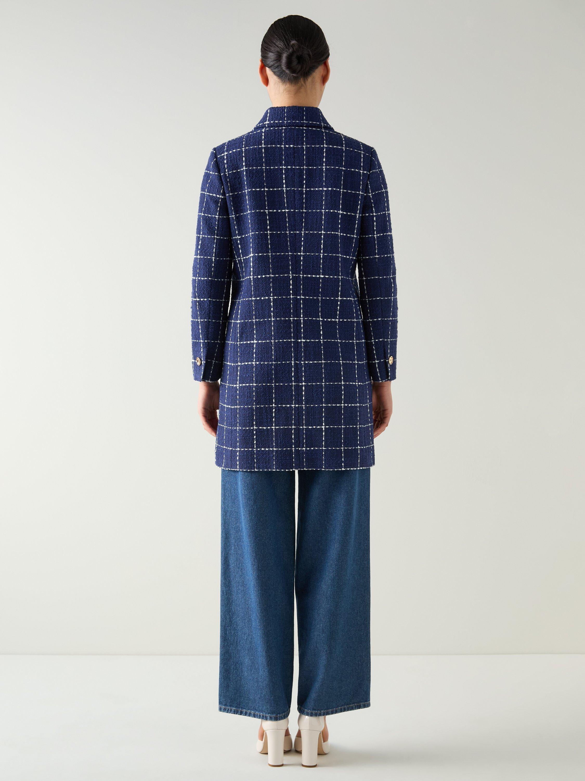 Product image 3 of 5, which shows L.K.Bennett Vita Check Tweed Coat, Navy/Cream, 6