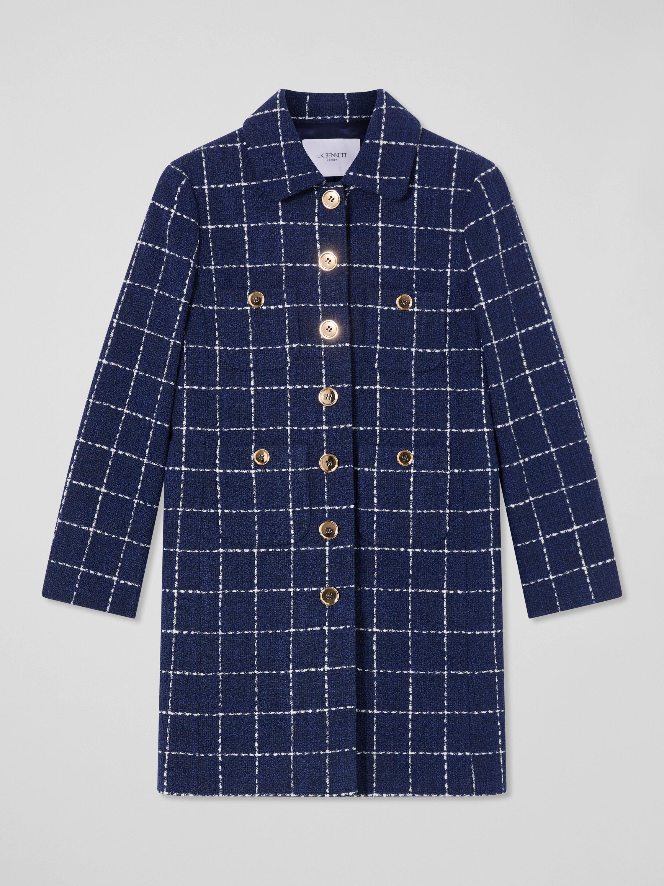 Product image 4 of 5, which shows L.K.Bennett Vita Check Tweed Coat, Navy/Cream, 6