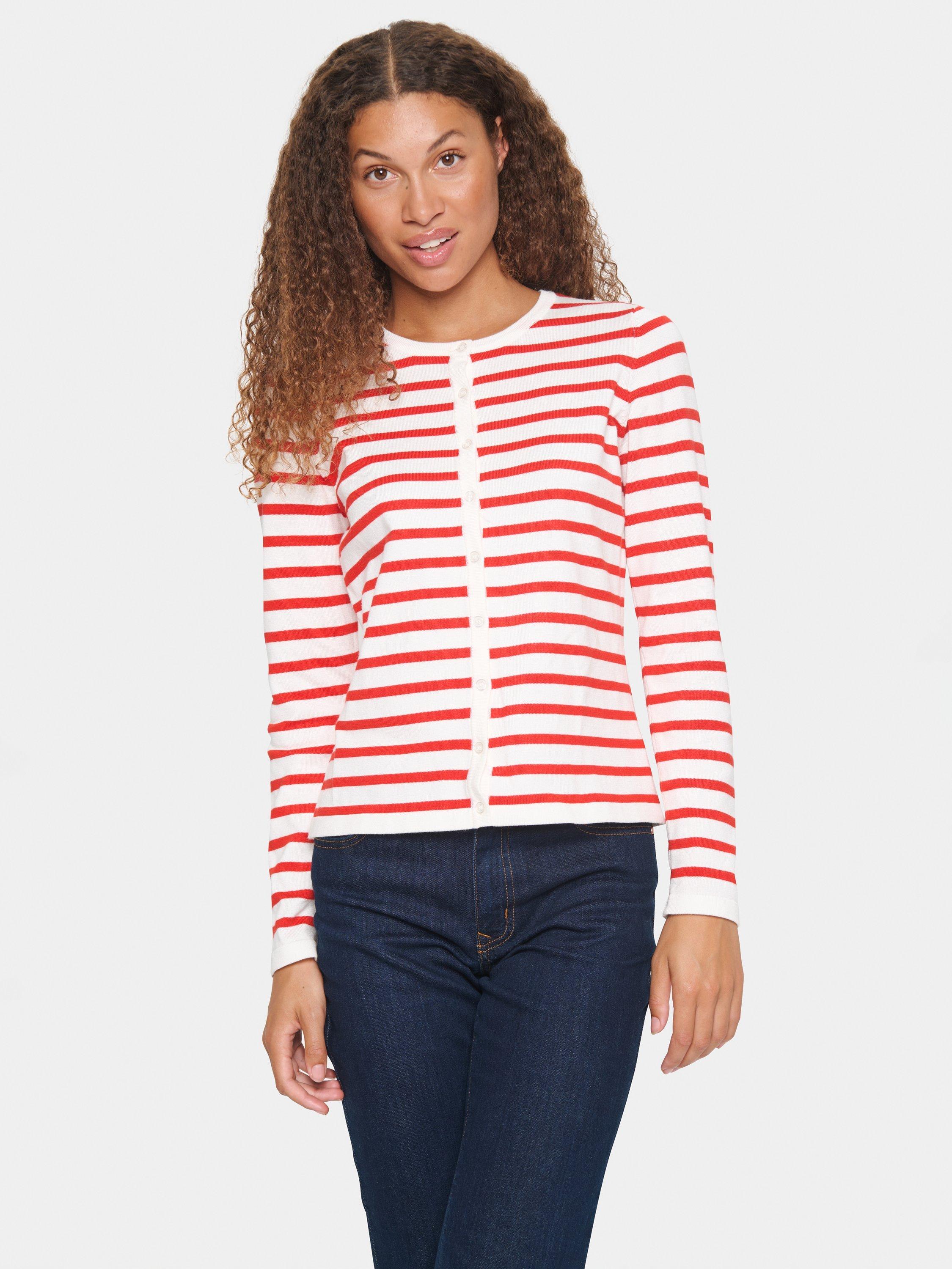 Product image 1 of 6, which shows Saint Tropez Mila Slim Fit Stripe Cardigan, Red/White, XS