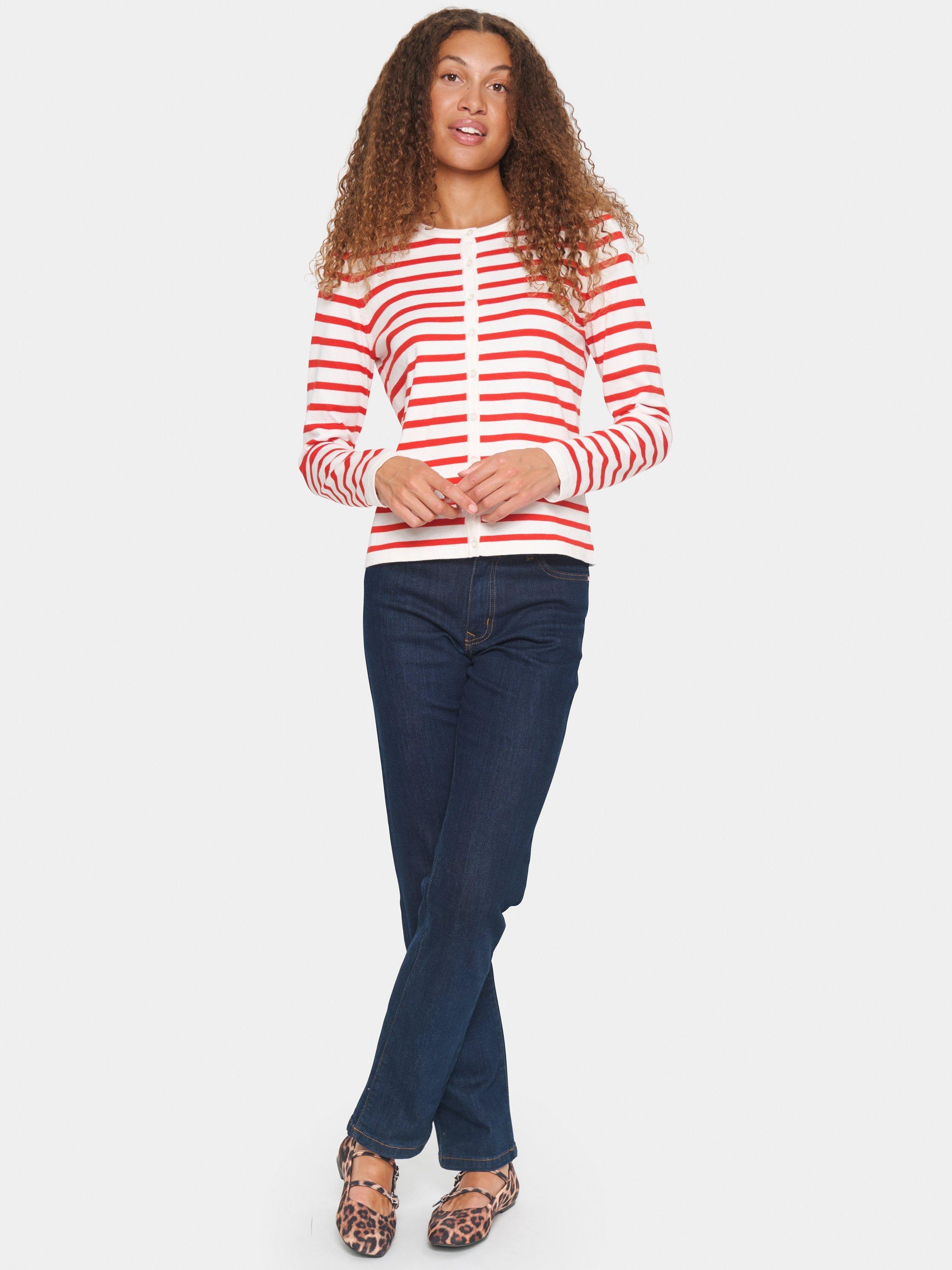 Product image 3 of 6, which shows Saint Tropez Mila Slim Fit Stripe Cardigan, Red/White, XS