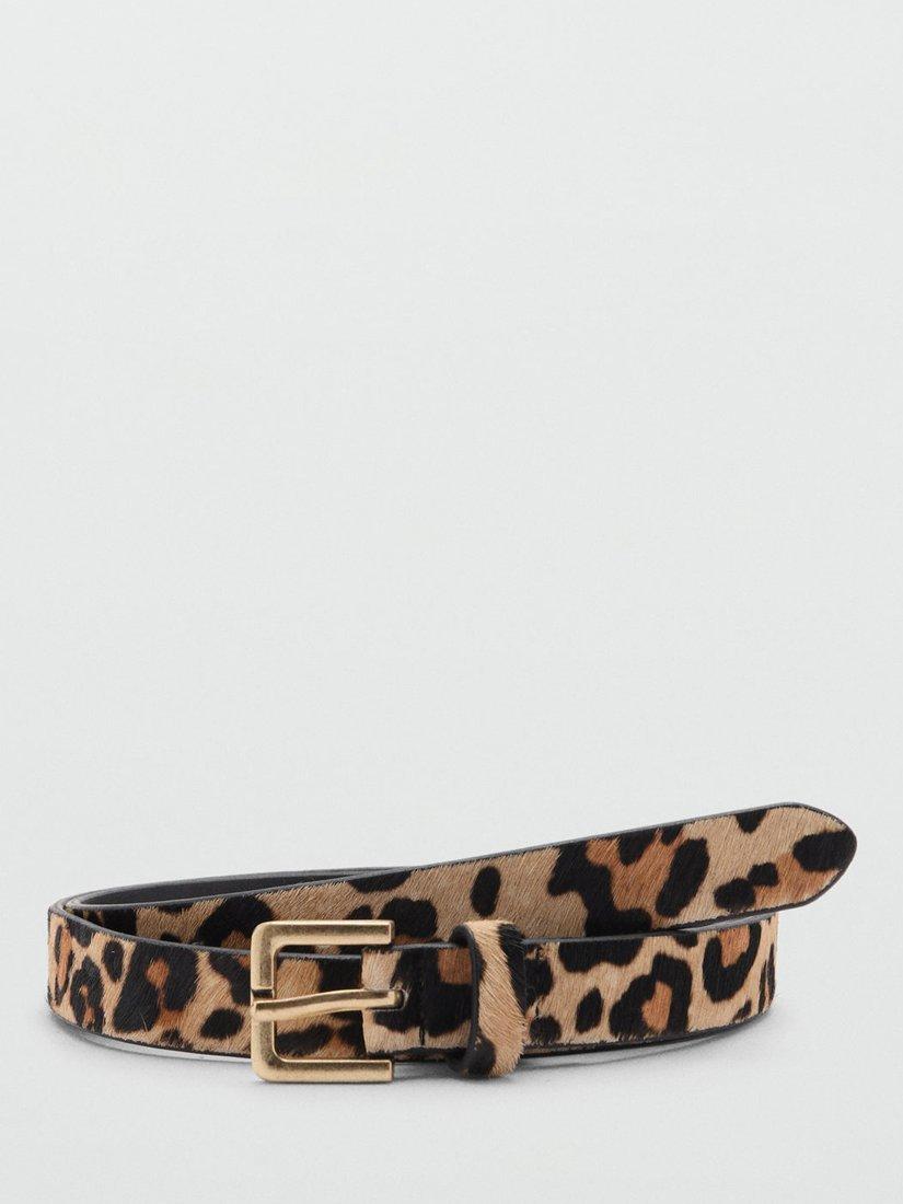 Mango Leopard Leather Skinny Belt, Brown/Multi