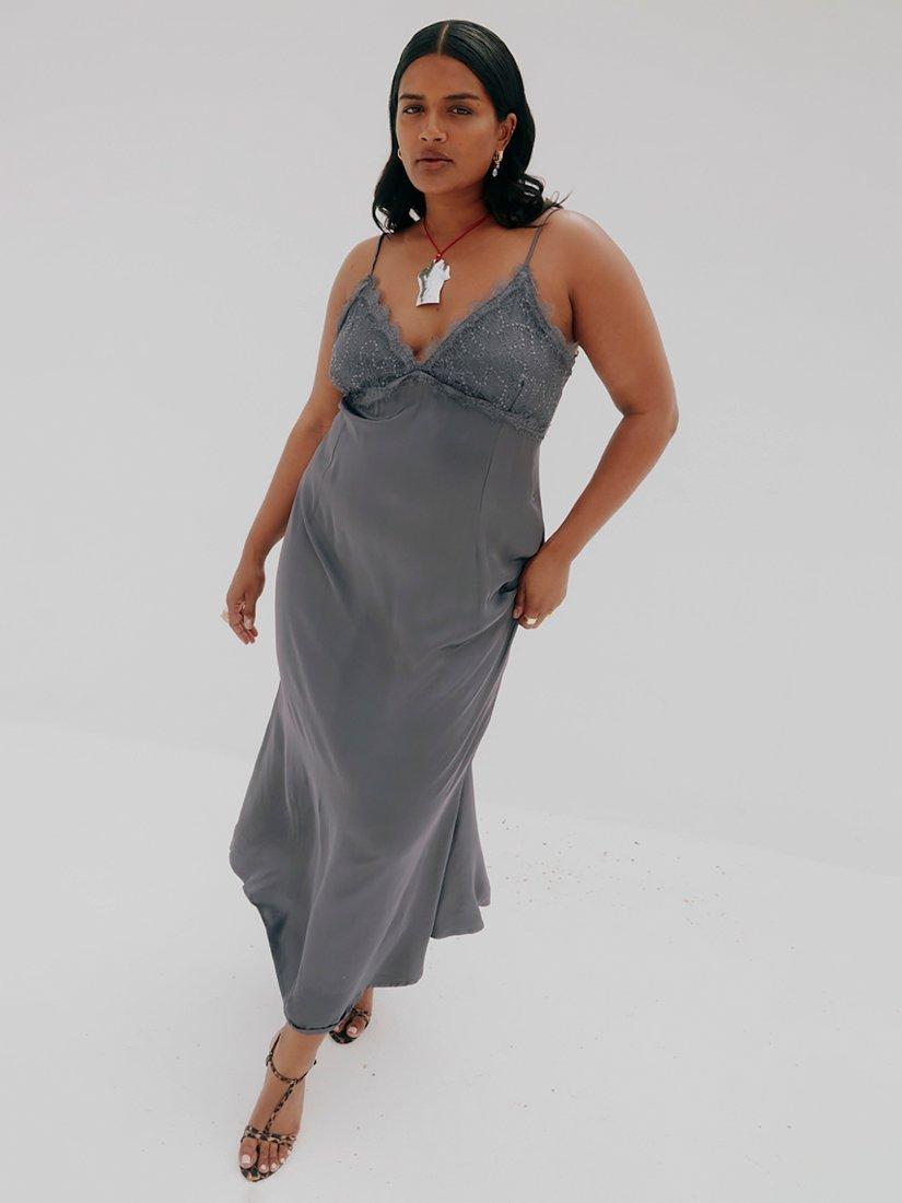 Product image 4 of 6, which shows Never Fully Dressed Reha Satin Lace Bust Maxi Dress, Grey, 8