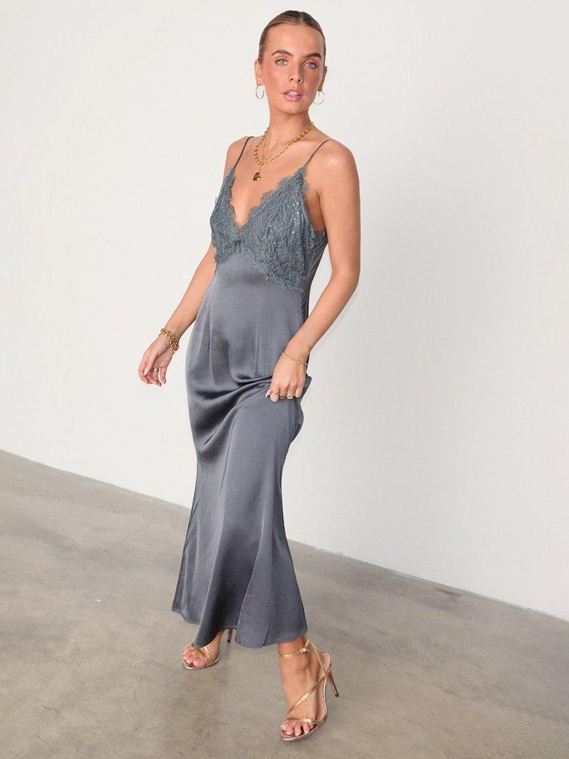 Product image 5 of 6, which shows Never Fully Dressed Reha Satin Lace Bust Maxi Dress, Grey, 8