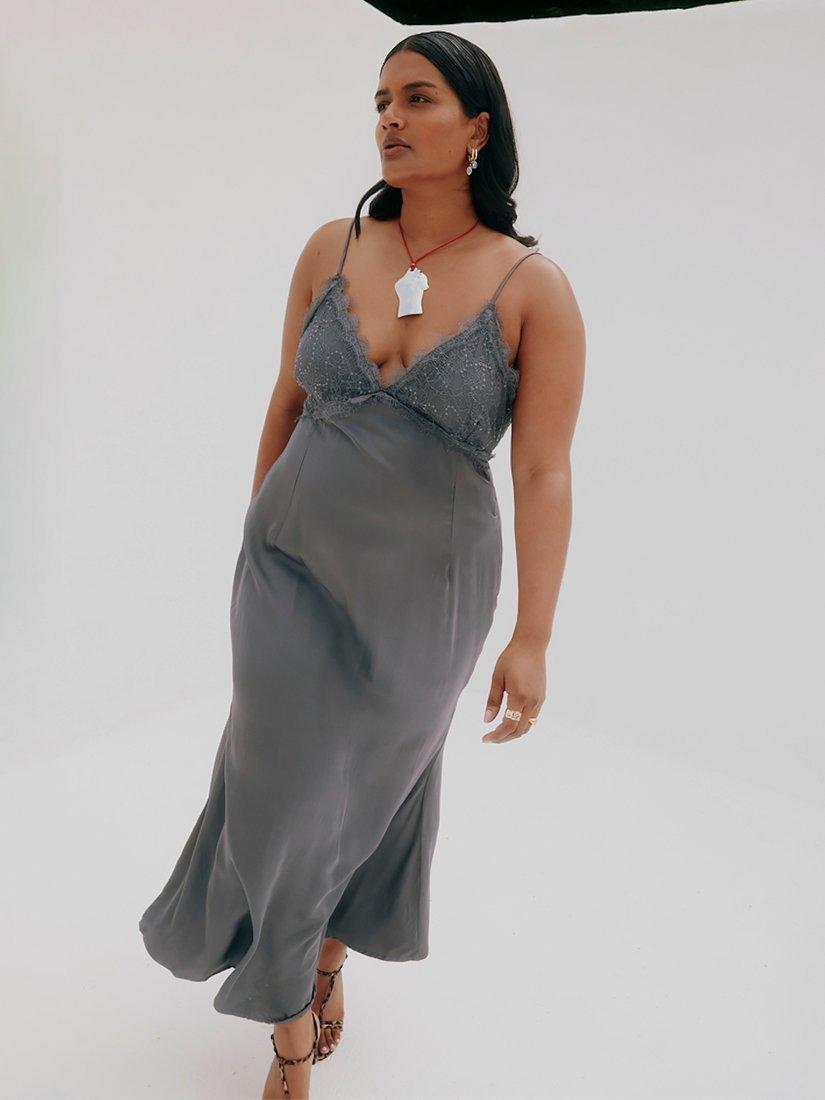 Product image 6 of 6, which shows Never Fully Dressed Reha Satin Lace Bust Maxi Dress, Grey, 8