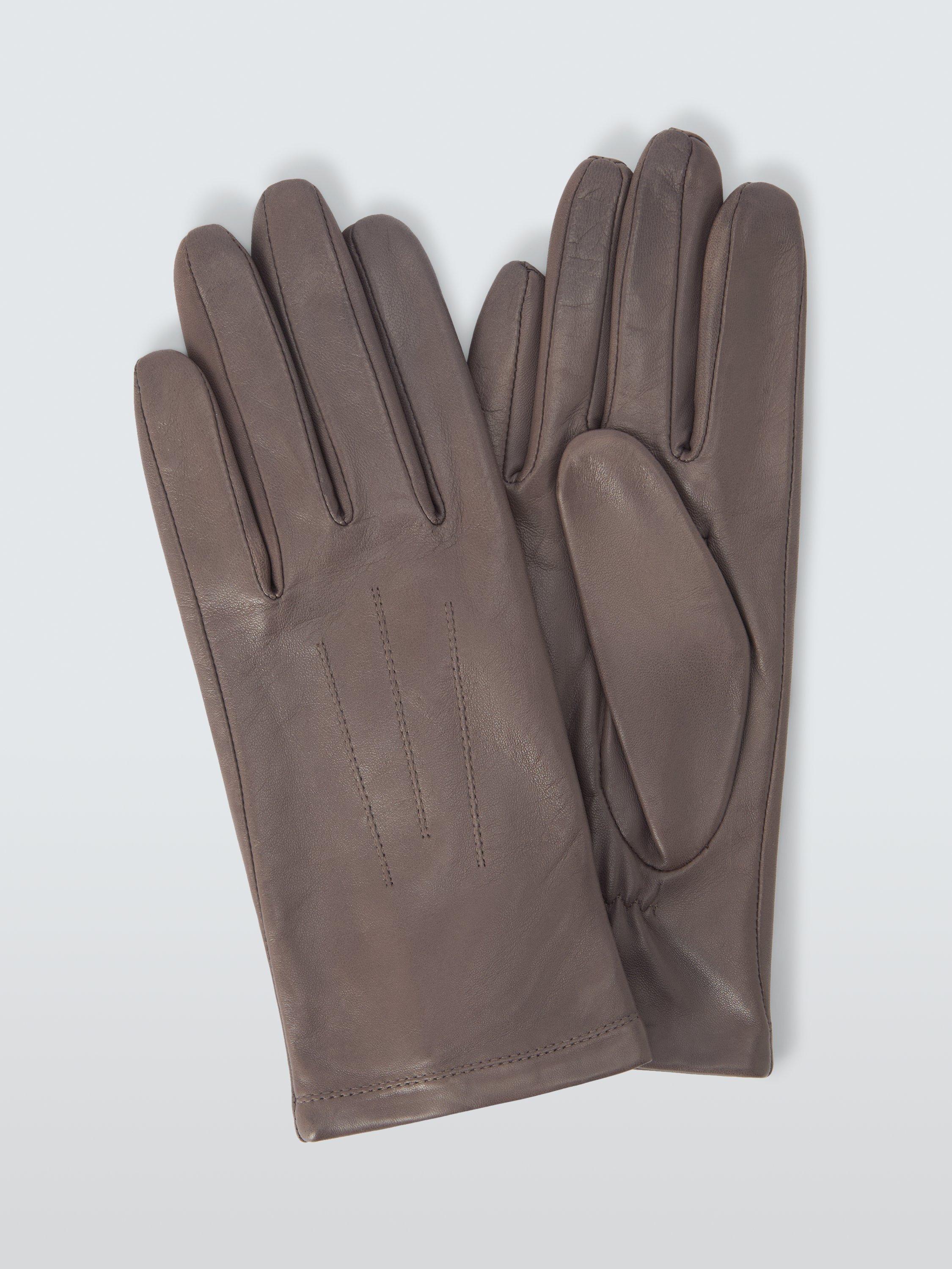 Product image 1 of 2, which shows John Lewis Stitching Detail Fleece Lined Leather Gloves, Mink, L