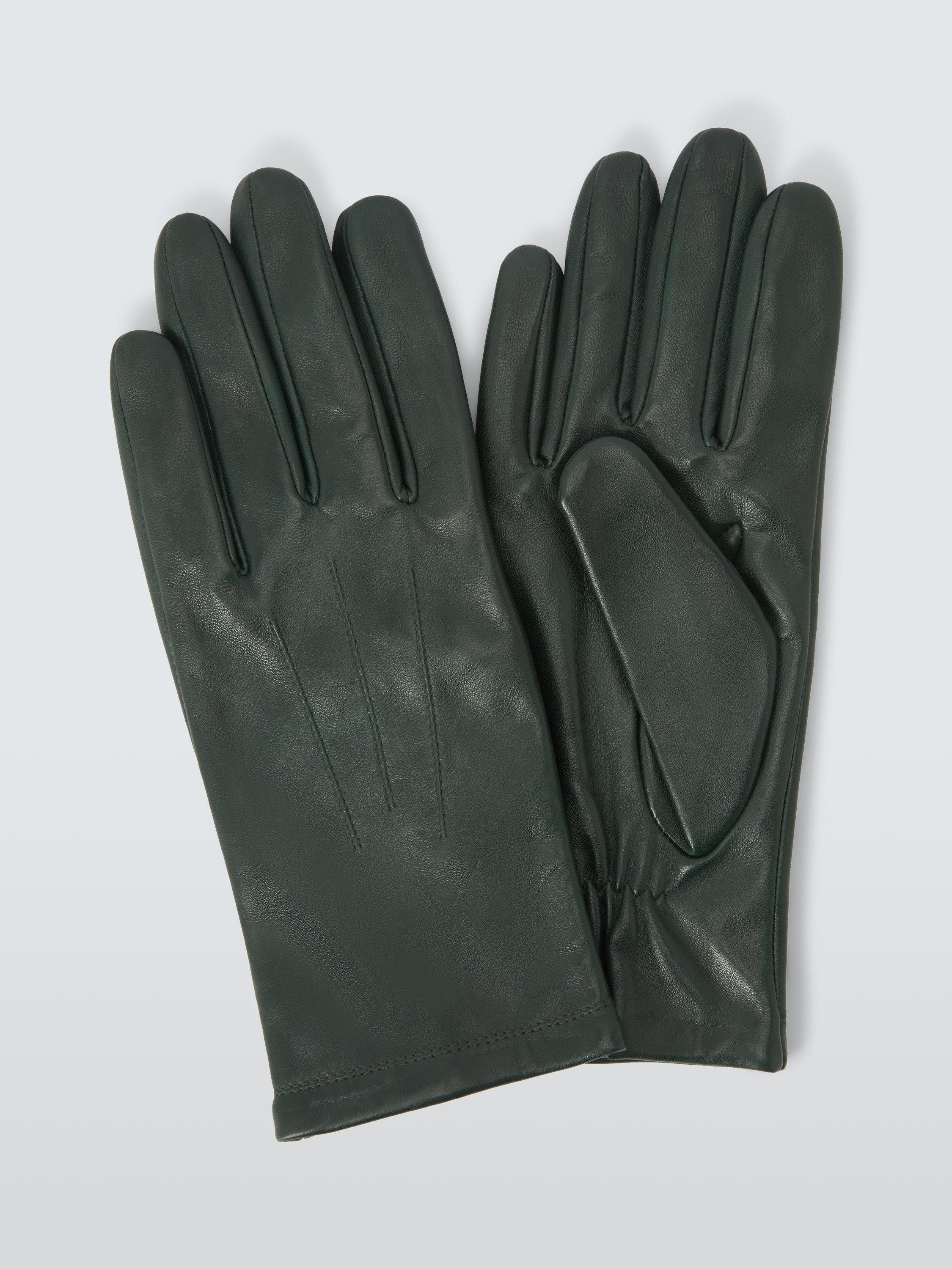 Product image 1 of 2, which shows John Lewis Stitching Detail Fleece Lined Leather Gloves, Green, S