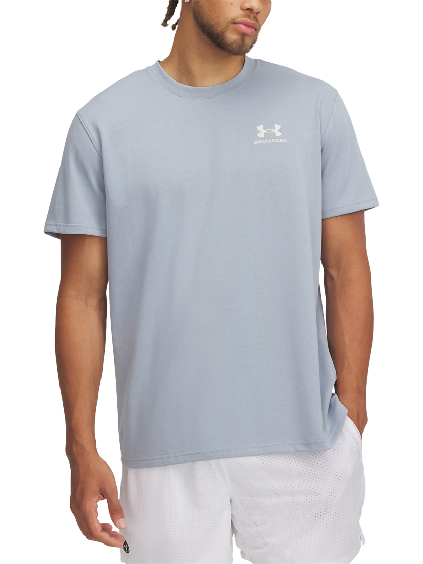 Product image 1 of 3, which shows Under Armour Men's Logo Embroidered Heavyweight T-Shirt, Harbor Blue/ Stone, S