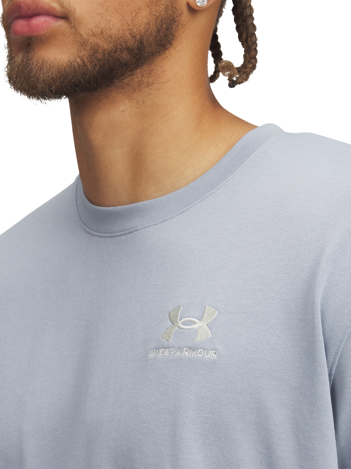 Product image 3 of 3, which shows Under Armour Men's Logo Embroidered Heavyweight T-Shirt, Harbor Blue/ Stone, S