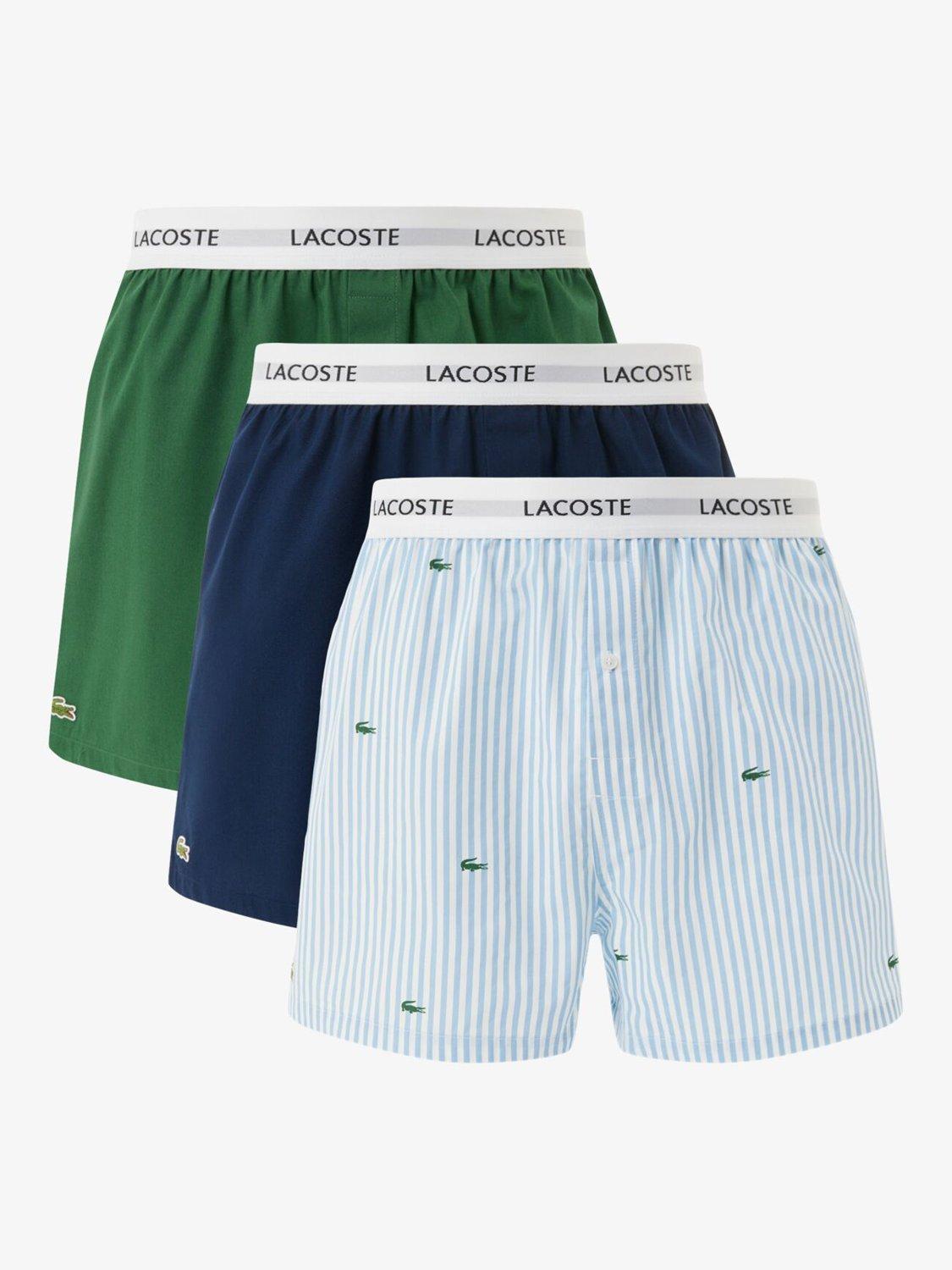 Lacoste Cotton Striped & Plain Woven Boxers, Pack of 3, Blue Mid