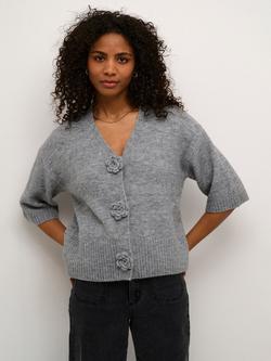 KAFFE Rosie Flower Button Short Sleeve Cardigan, Grey Melange, Grey Melange