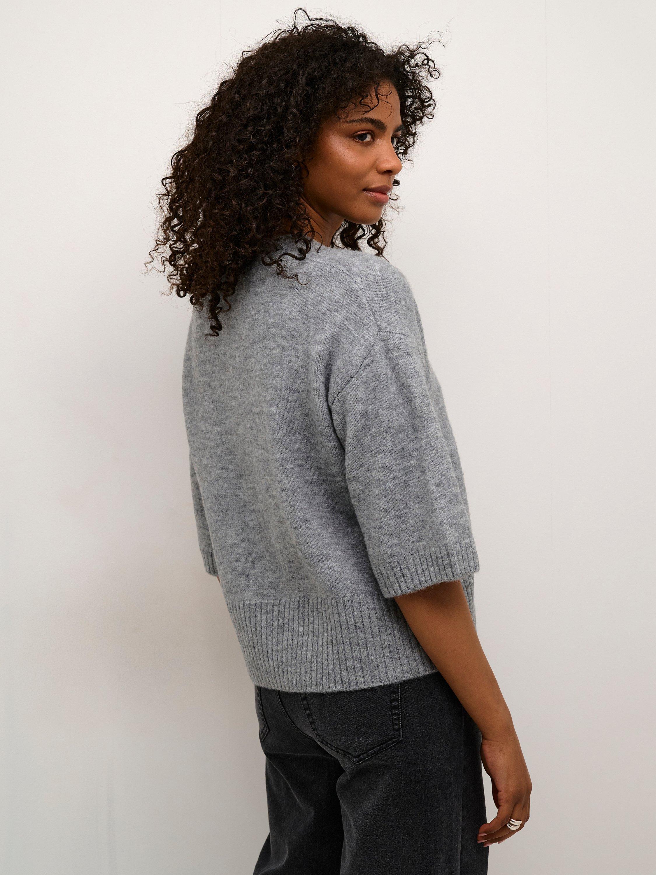 Product image 2 of 6, which shows KAFFE Rosie Flower Button Short Sleeve Cardigan, Grey Melange, XS