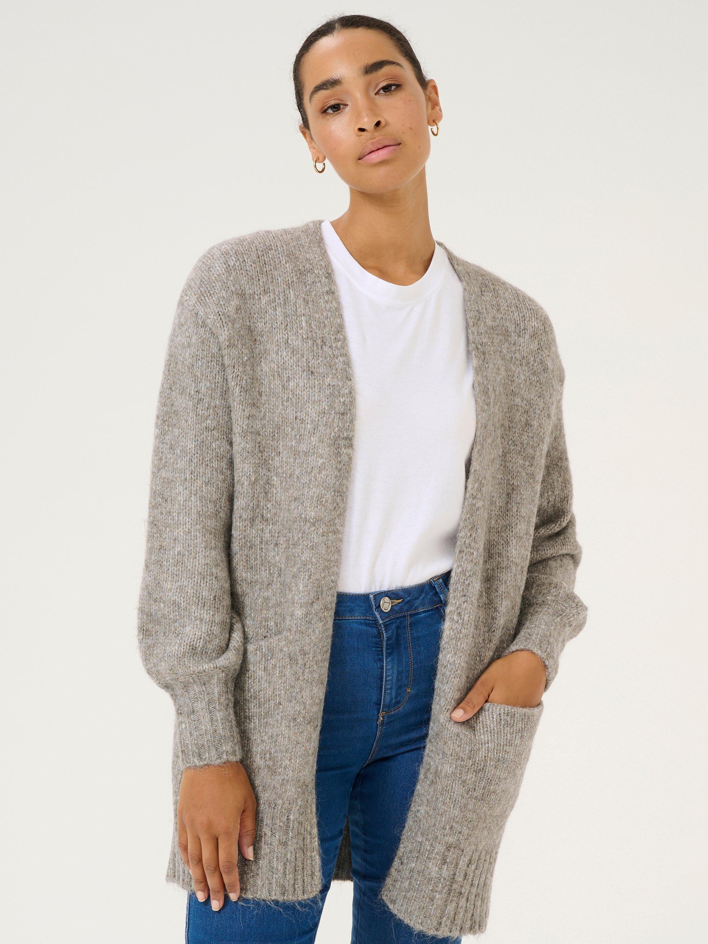 Product image 1 of 6, which shows KAFFE Trina Open Neck Loose Fit Cardigan, Grey Melange, XS