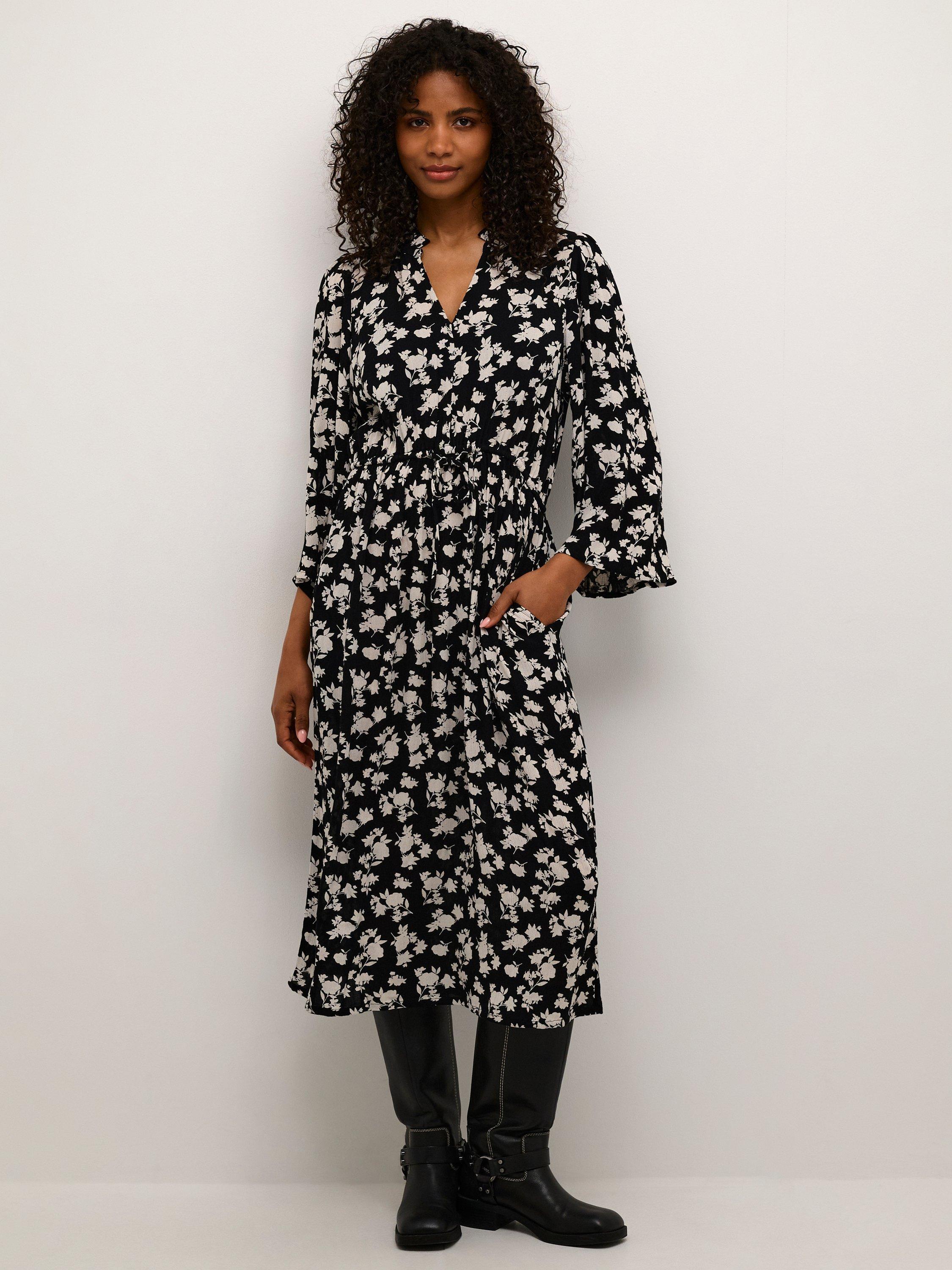 Product image 1 of 5, which shows KAFFE Amber Floral Midi Dress, Black, 8