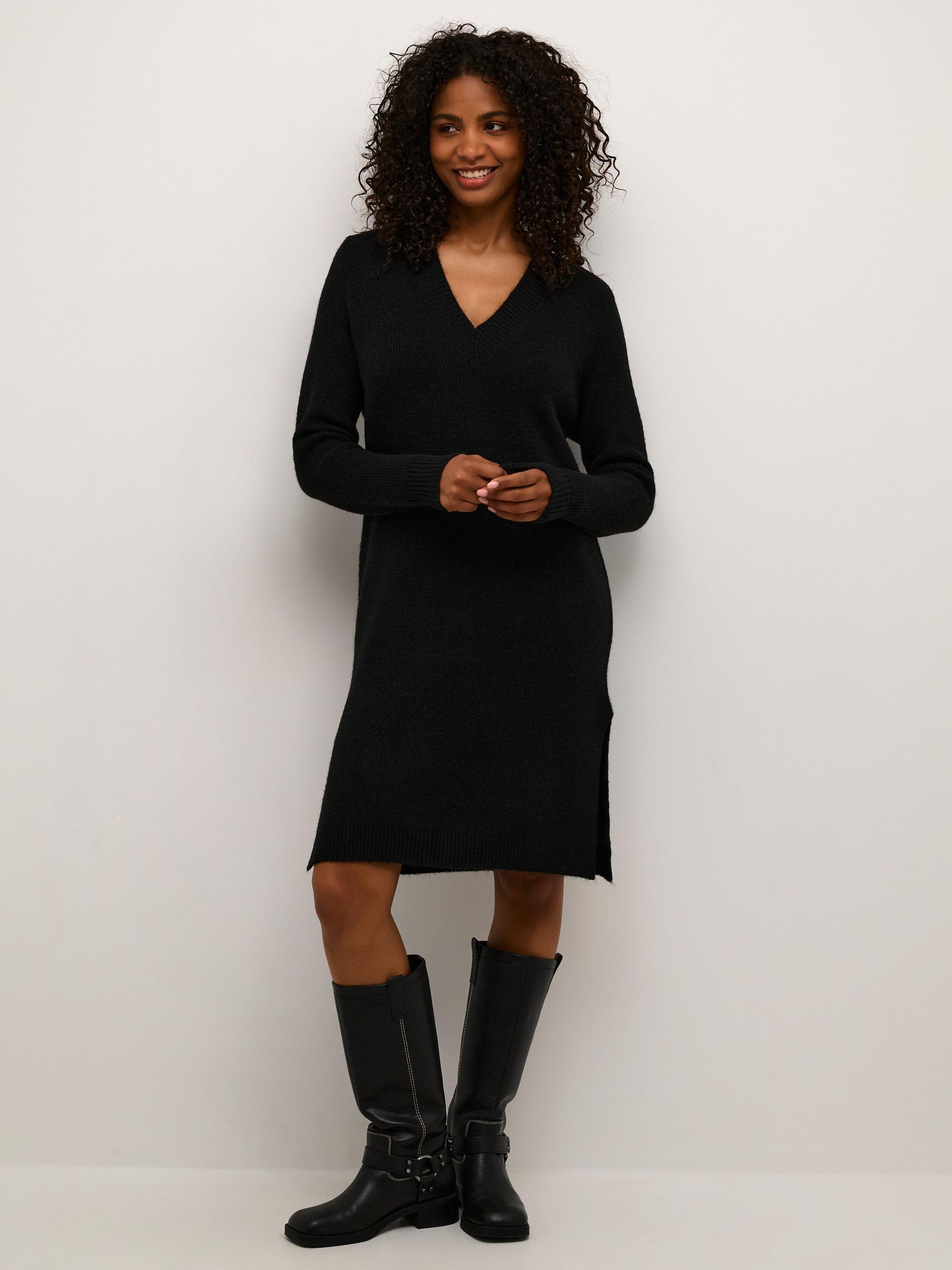Product image 1 of 6, which shows KAFFE Juno V-Neck Knit Knee Length Dress, Black Deep, XS