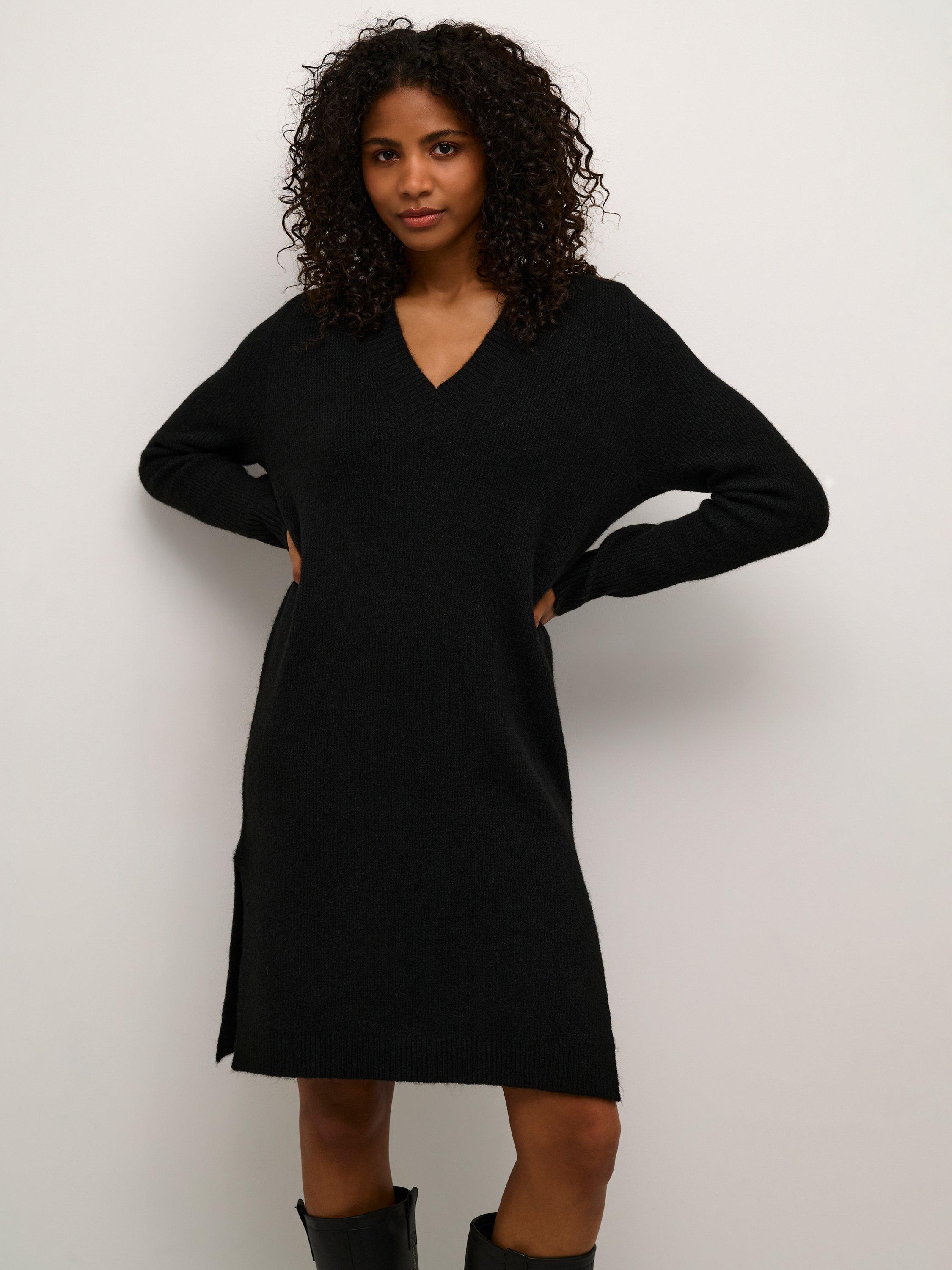 Product image 3 of 6, which shows KAFFE Juno V-Neck Knit Knee Length Dress, Black Deep, XS