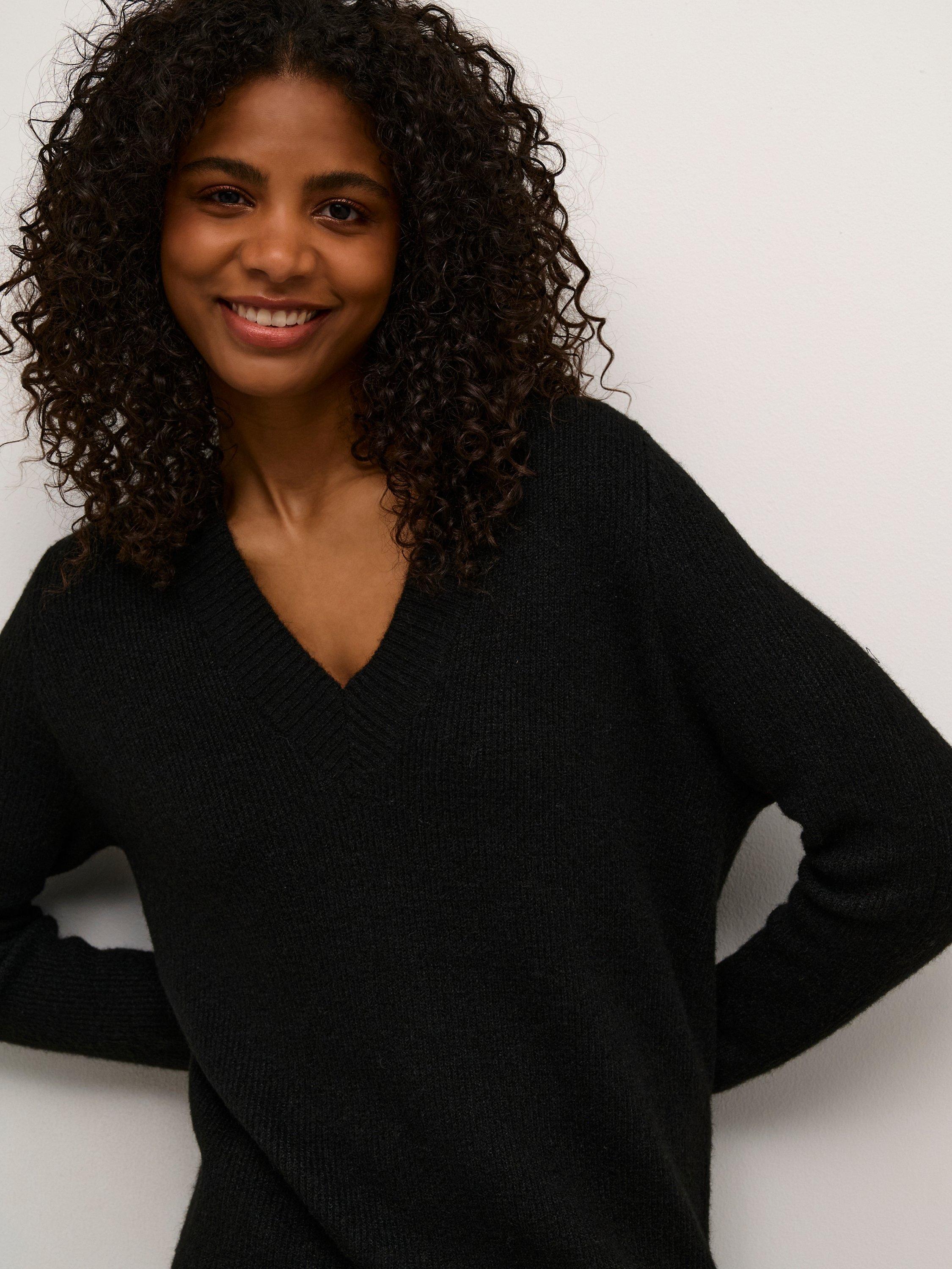 Product image 4 of 6, which shows KAFFE Juno V-Neck Knit Knee Length Dress, Black Deep, XS