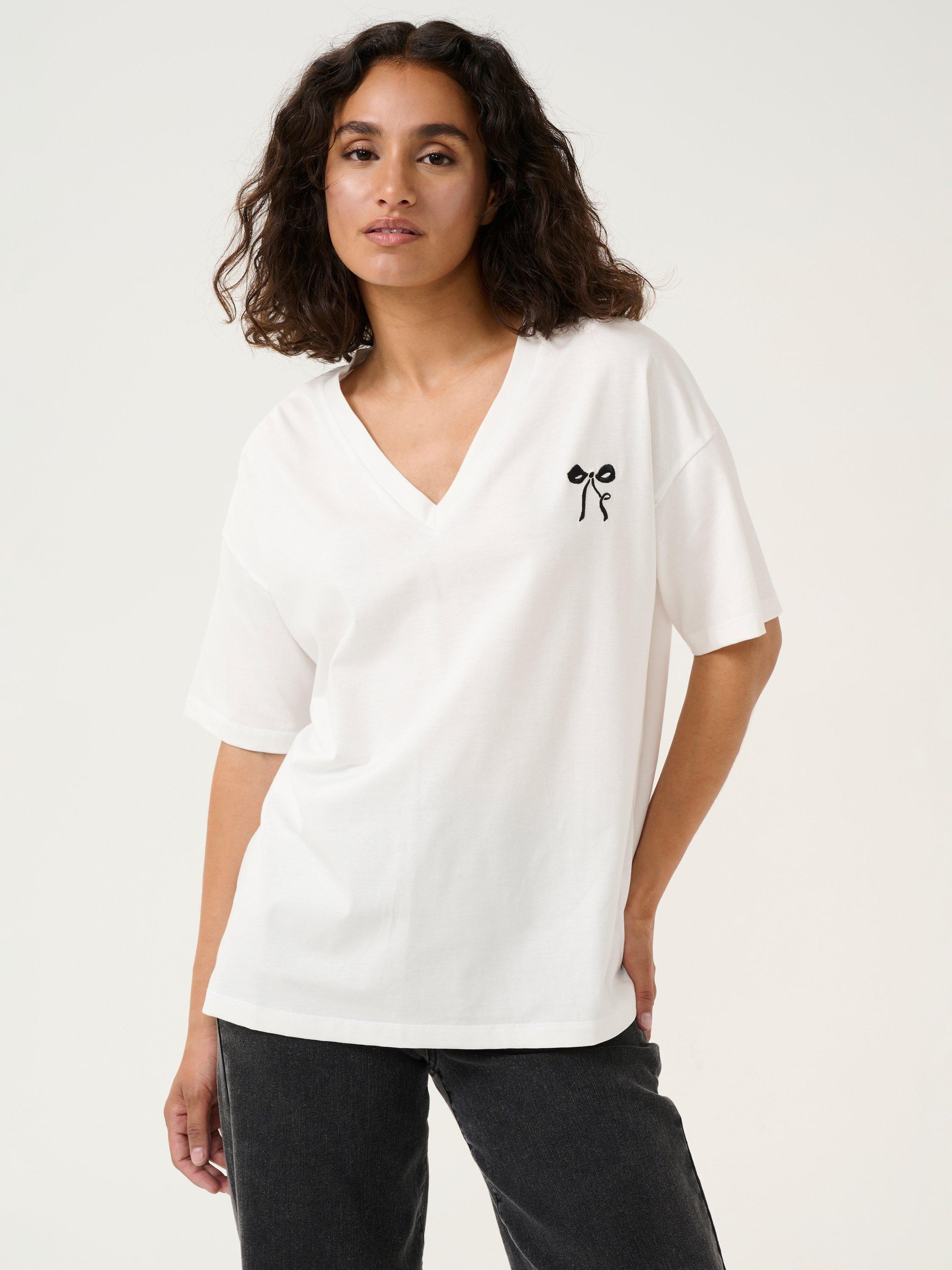 Product image 1 of 6, which shows KAFFE KAbowie Organic Cotton V-Neck T-Shirt, Chalk, XS