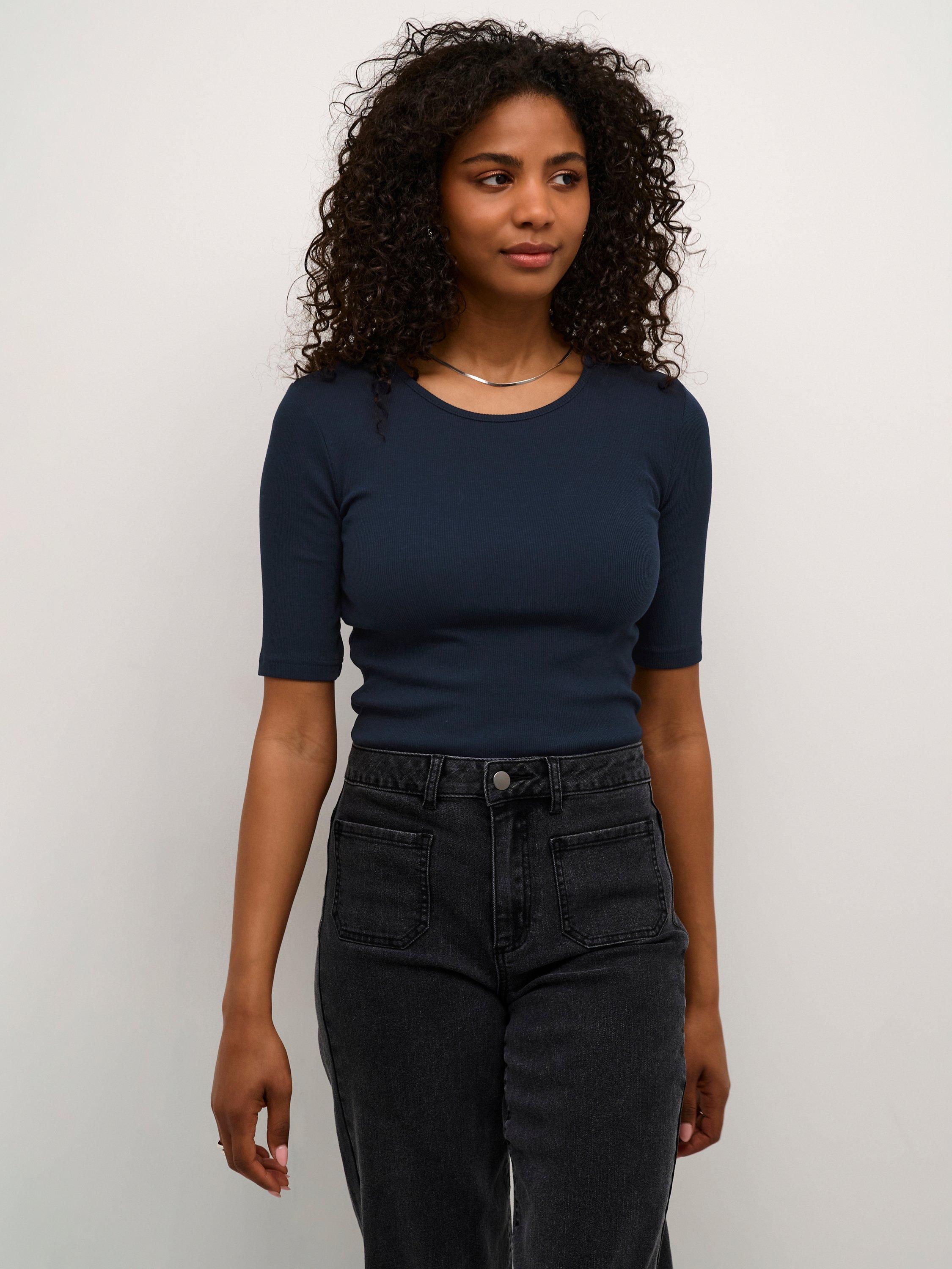 Product image 1 of 6, which shows KAFFE Carna Rib Jersey Top, Midnight Marine, XS
