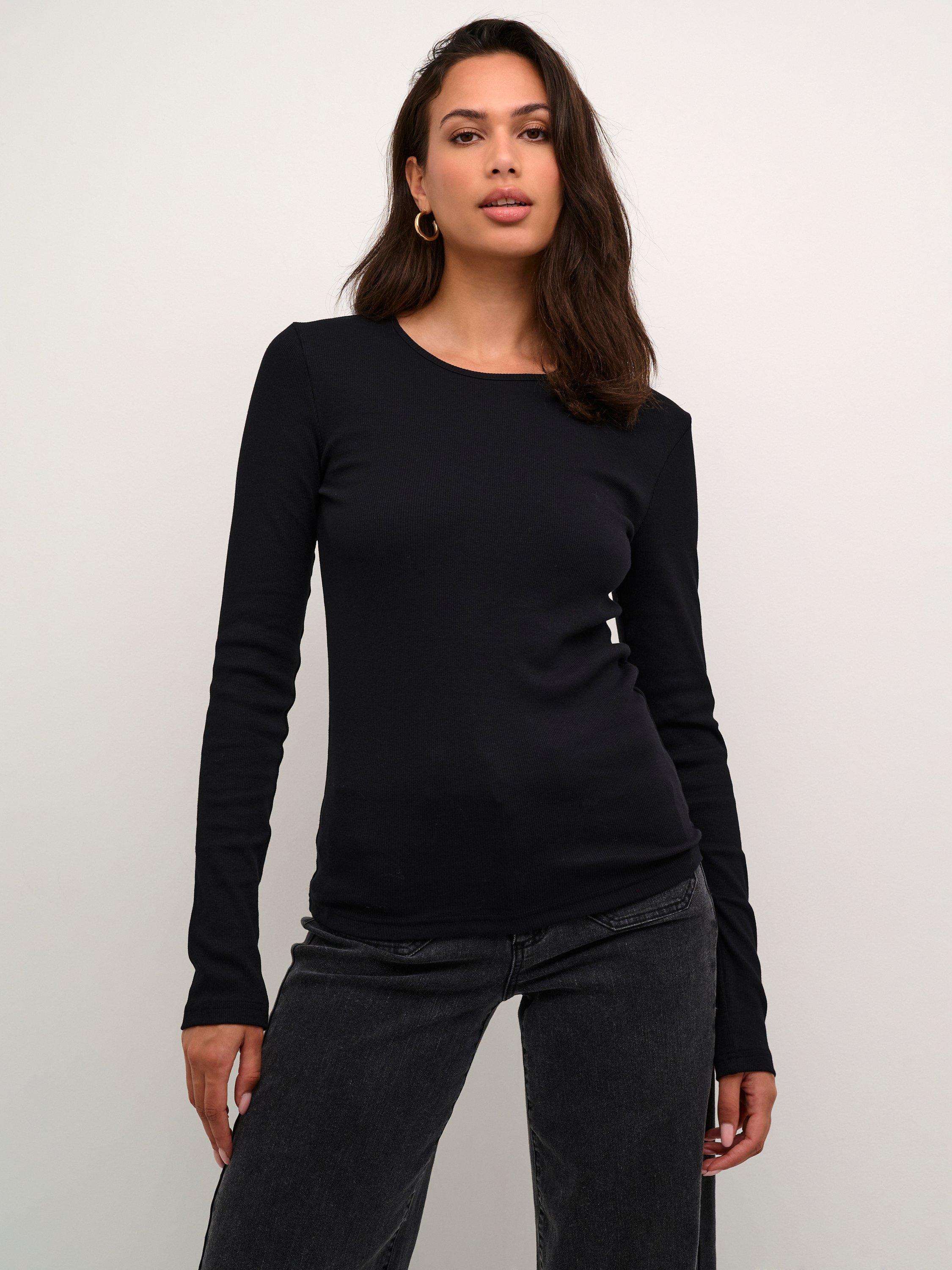 Product image 1 of 6, which shows KAFFE Carna Long Sleeve Slim Fit T-Shirt, Black Deep, XS