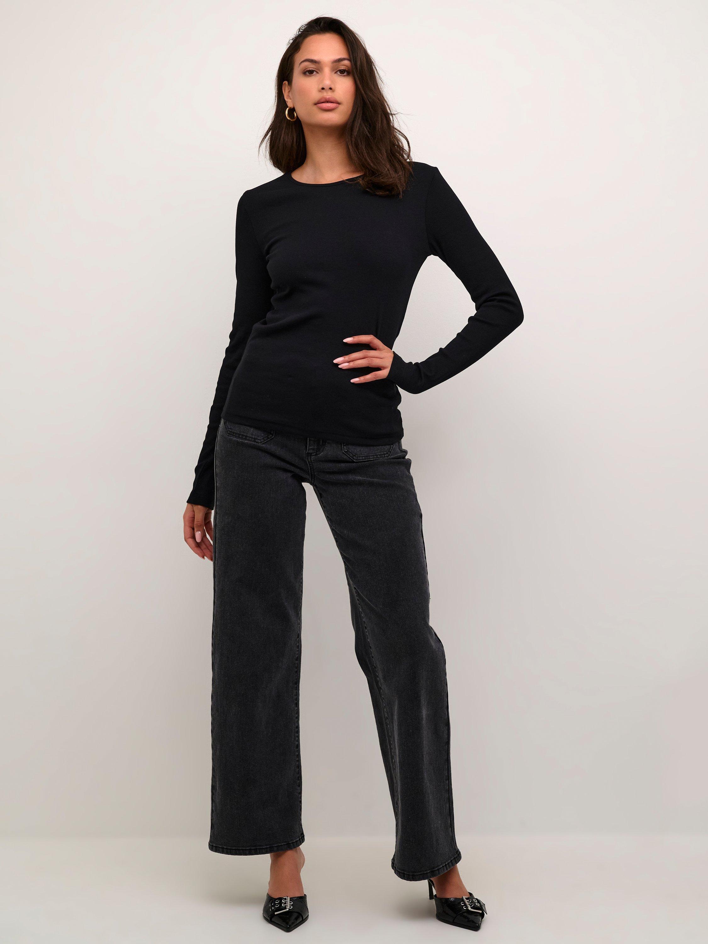 Product image 3 of 6, which shows KAFFE Carna Long Sleeve Slim Fit T-Shirt, Black Deep, XS