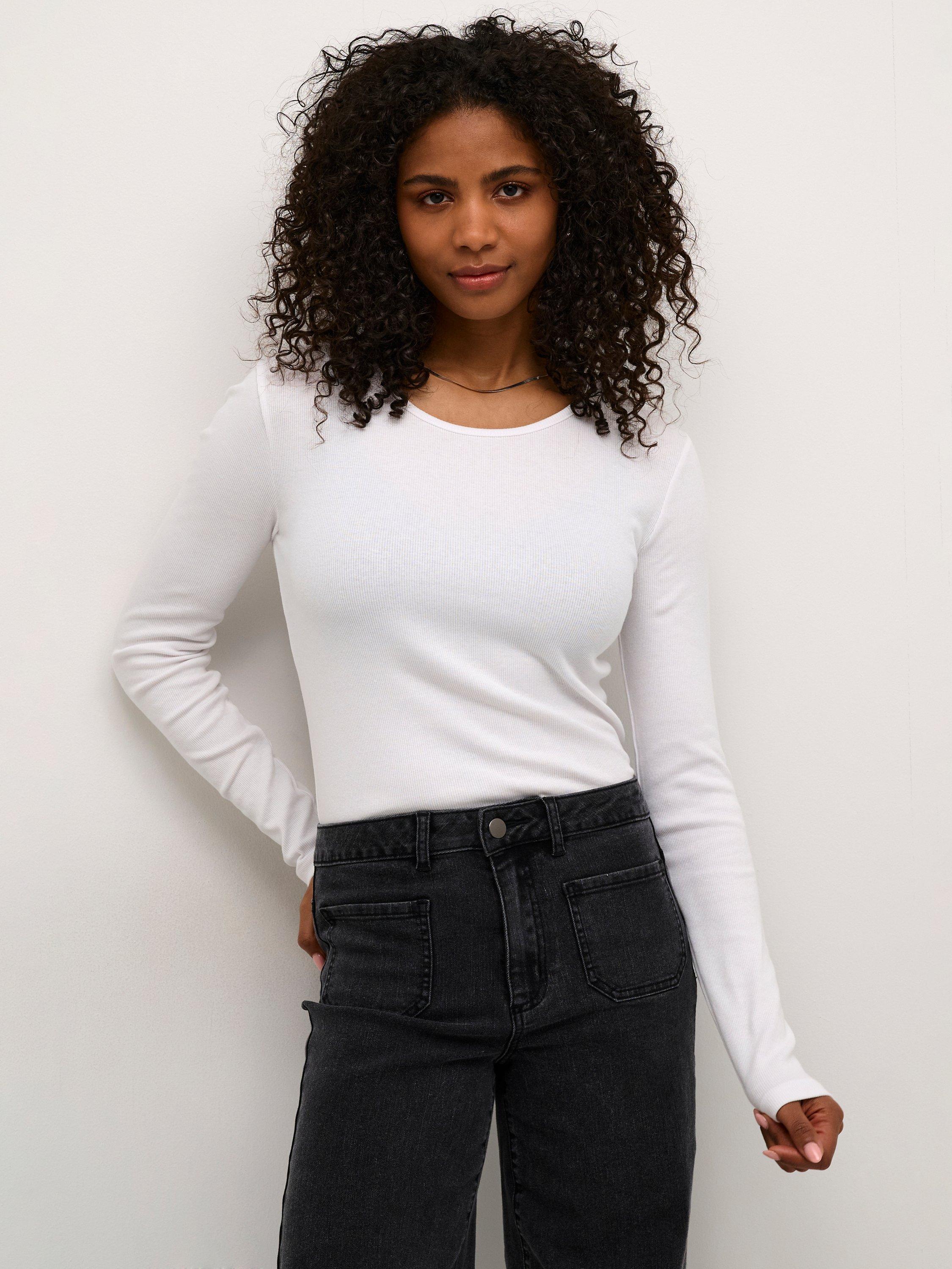 Product image 1 of 6, which shows KAFFE Carna Long Sleeve Slim Fit T-Shirt, Optical White, XS