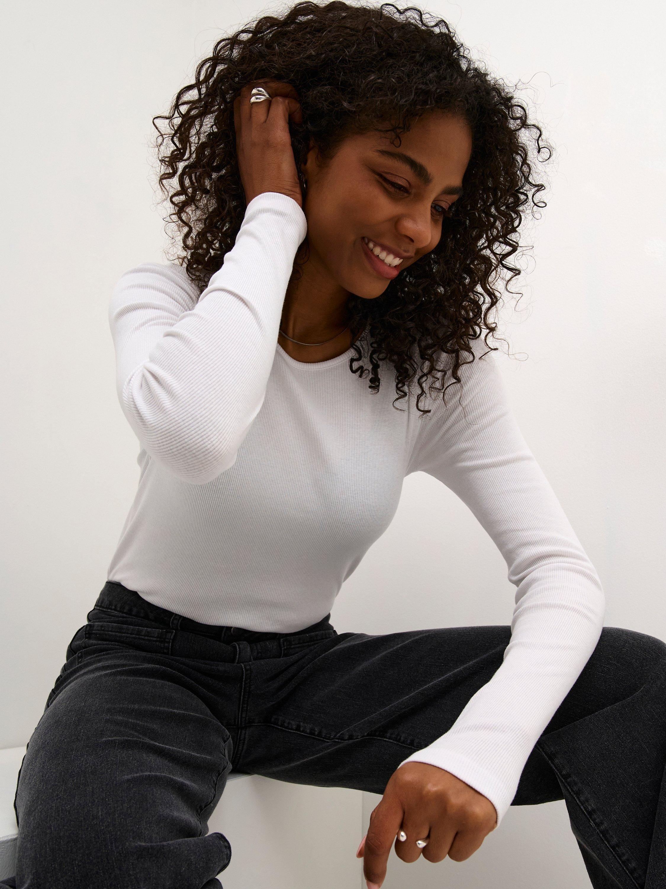 Product image 4 of 6, which shows KAFFE Carna Long Sleeve Slim Fit T-Shirt, Optical White, XS