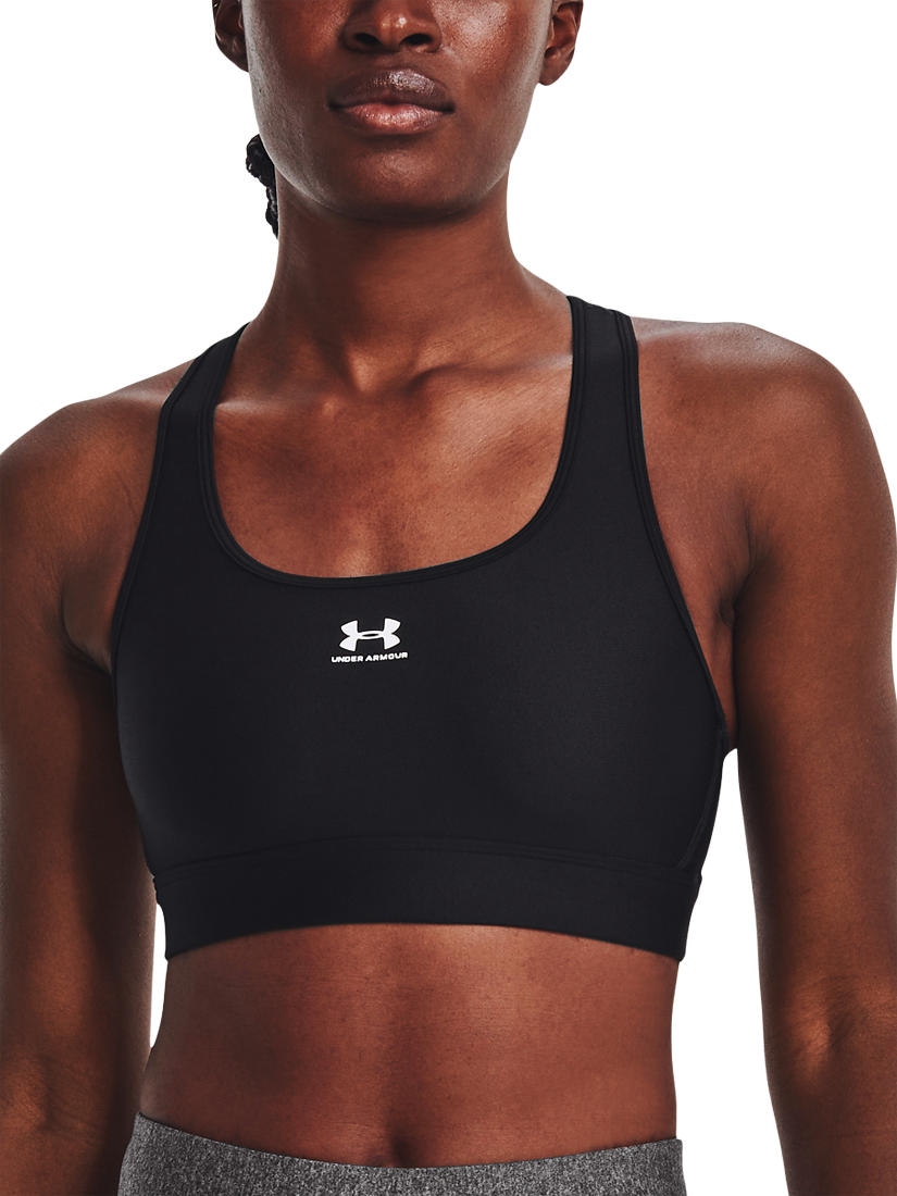 Product image 1 of 6, which shows Under Armour HeatGear® Mid Padless Sports Bra, Black / White, XS