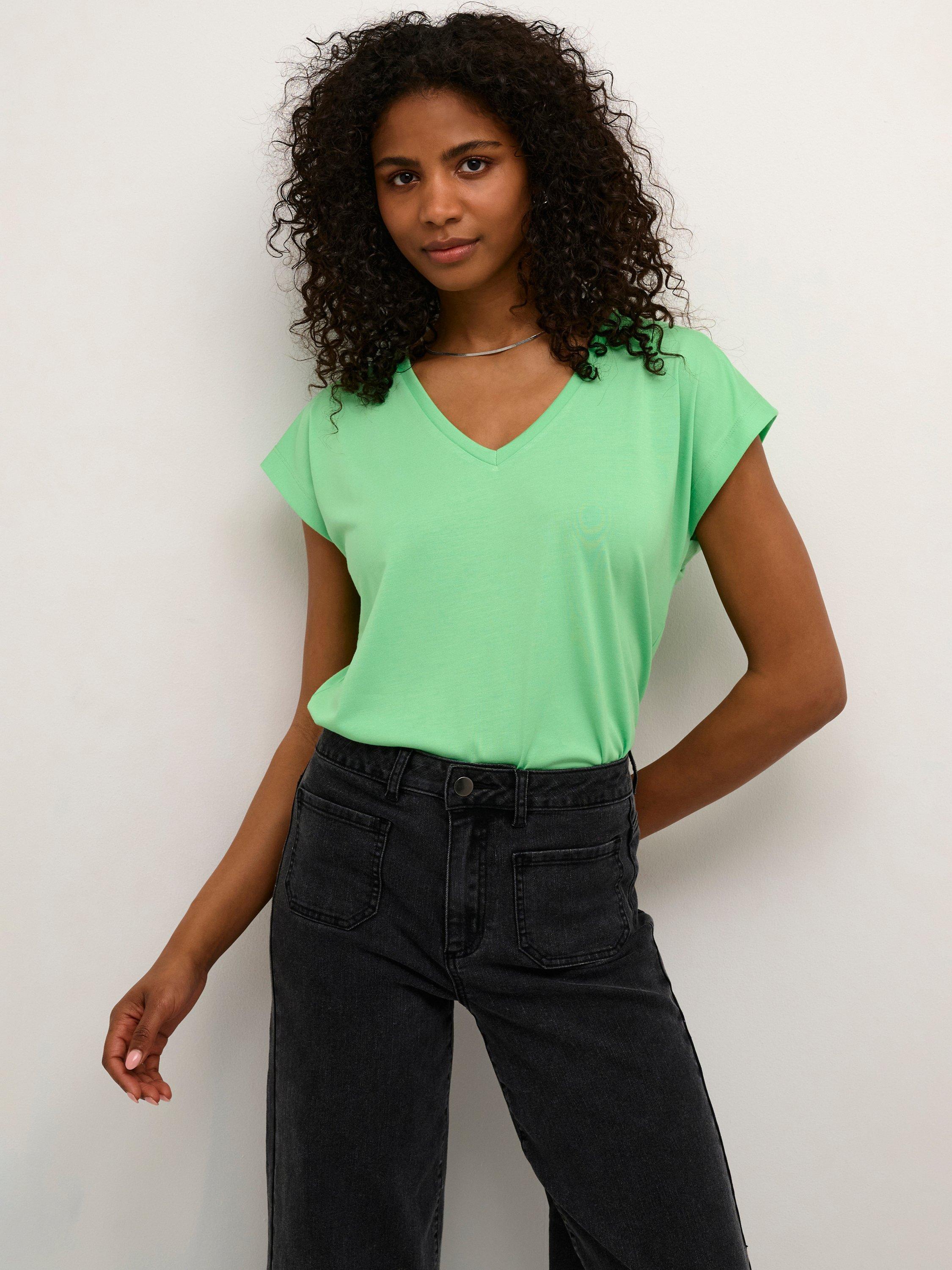 Product image 1 of 6, which shows KAFFE Lise Batwing Sleeve T-Shirt, Green, XS