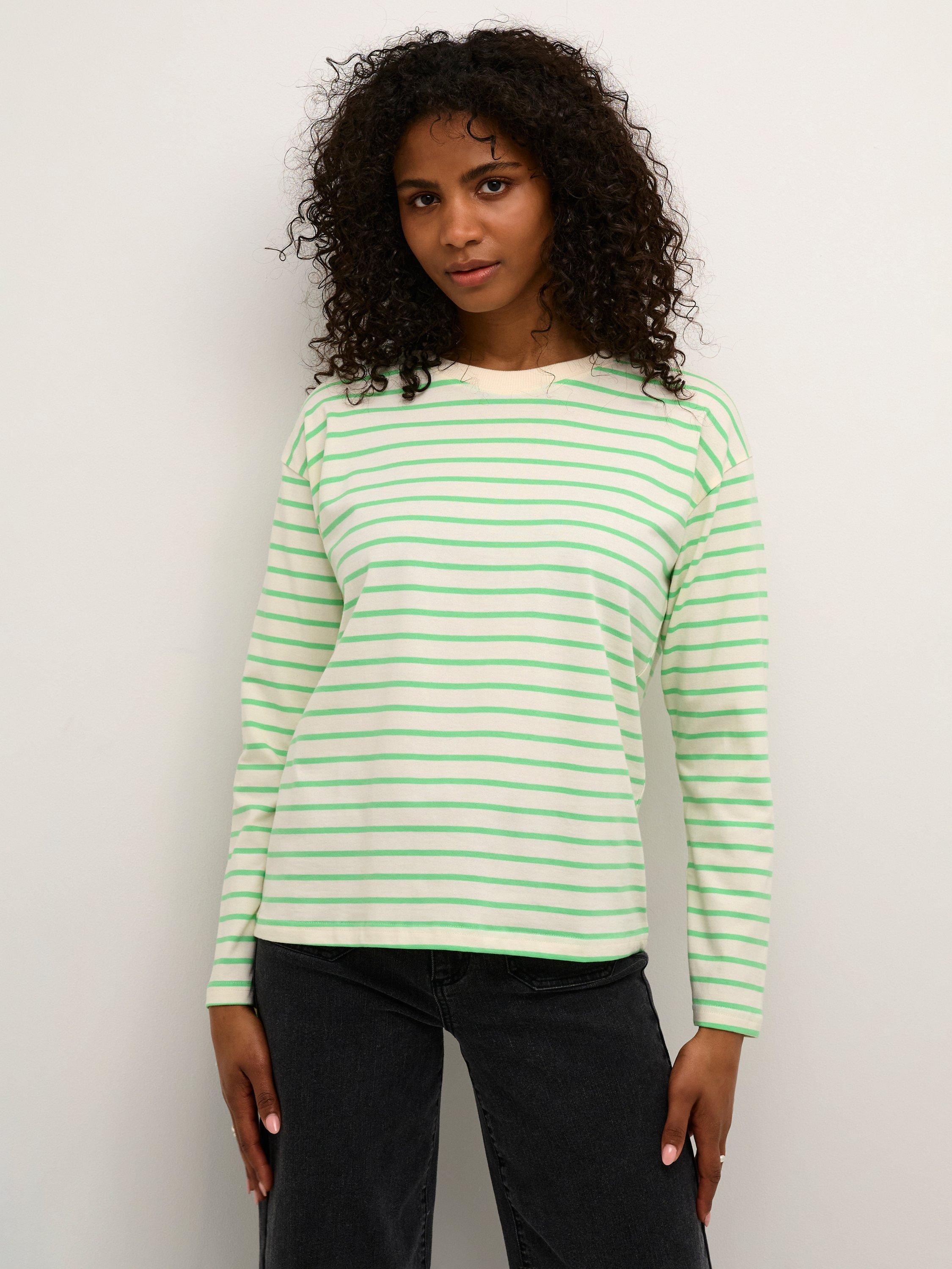Product image 1 of 6, which shows KAFFE Winny Long Sleeve Crew Neck T-Shirt, White/Green, Green/White, XS