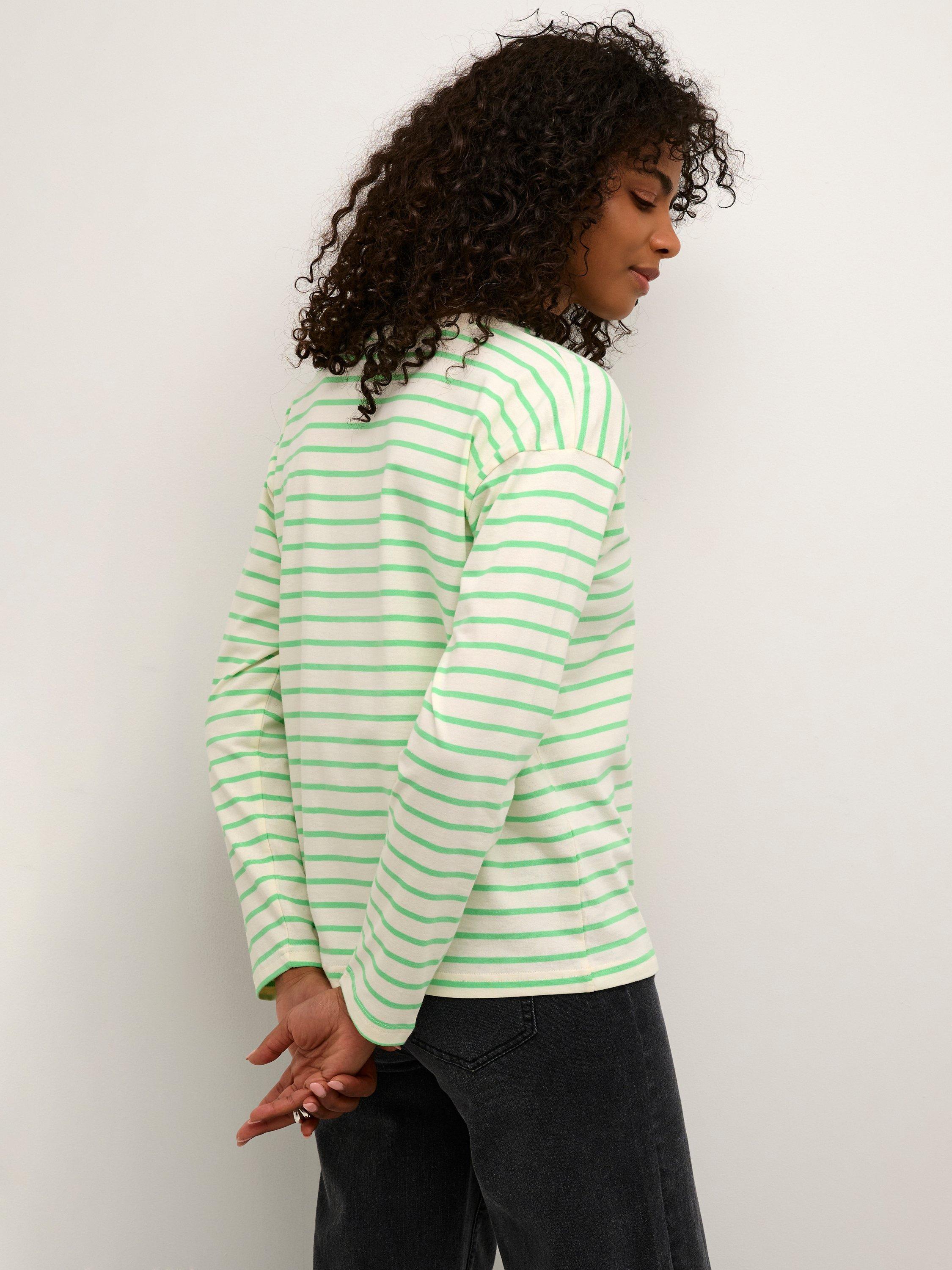 Product image 2 of 6, which shows KAFFE Winny Long Sleeve Crew Neck T-Shirt, White/Green, Green/White, XS