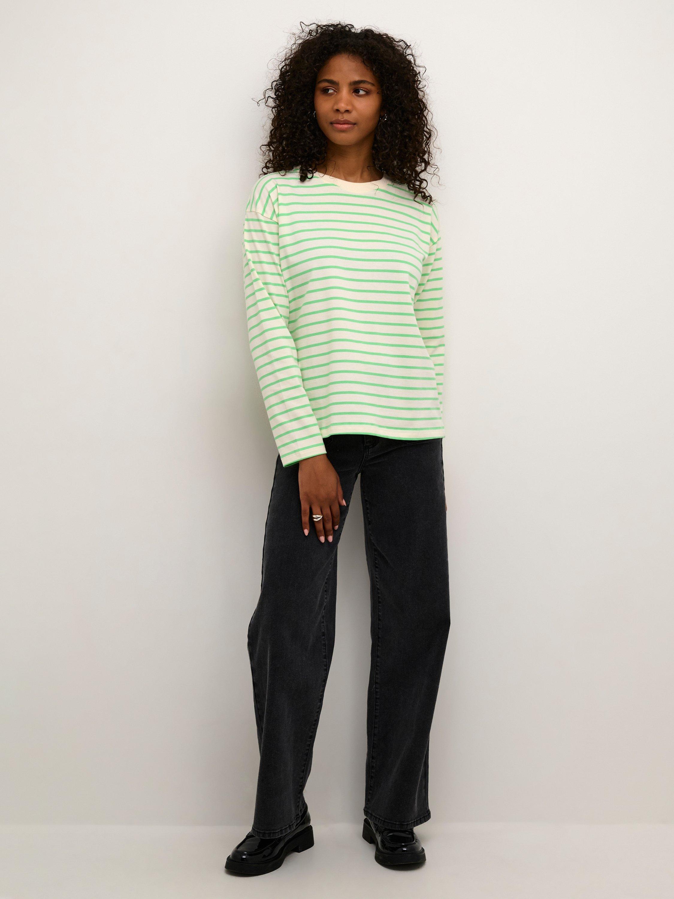Product image 3 of 6, which shows KAFFE Winny Long Sleeve Crew Neck T-Shirt, White/Green, Green/White, XS